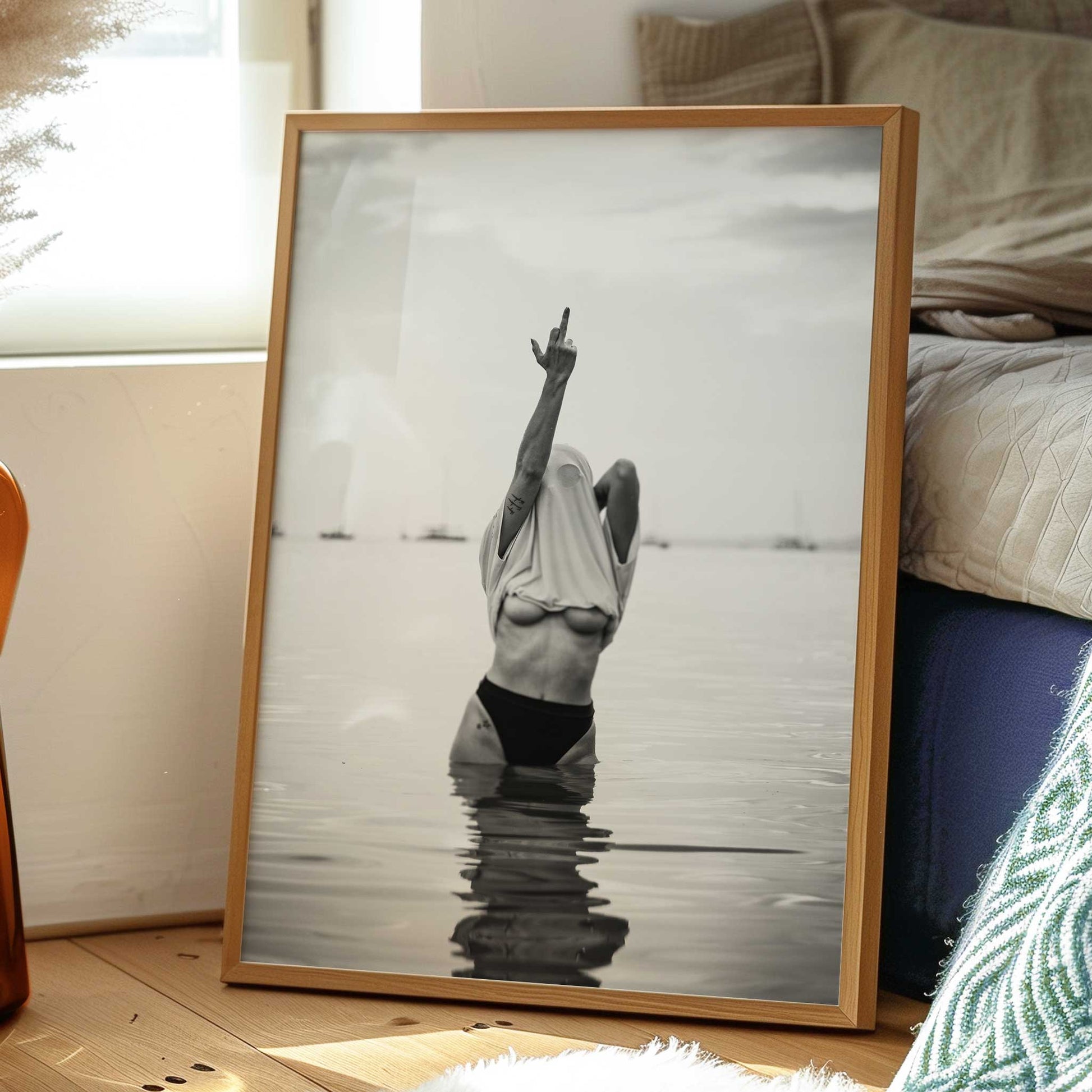 girl middle finger print framed mockup lounge