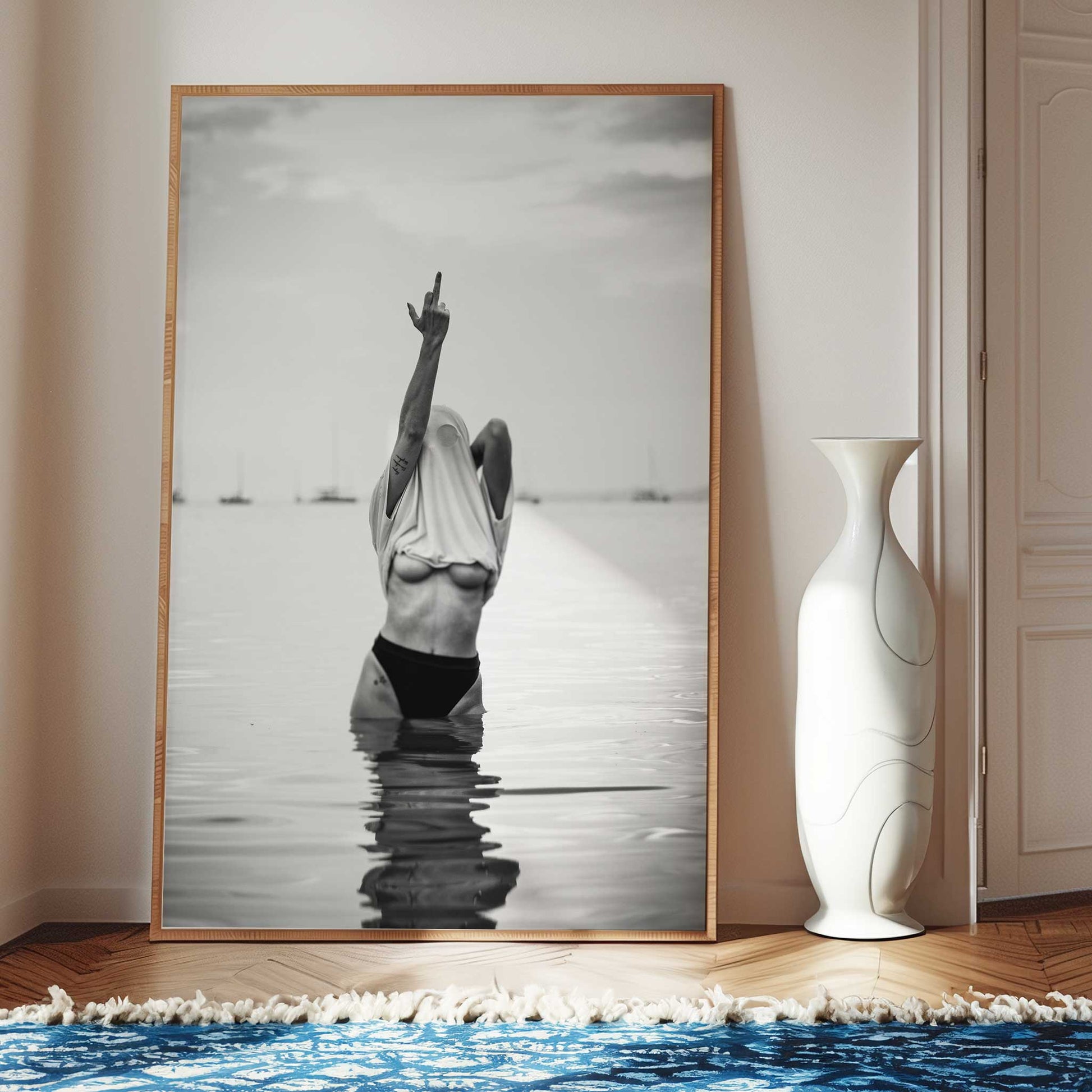 girl middle finger print framed mockup lounge