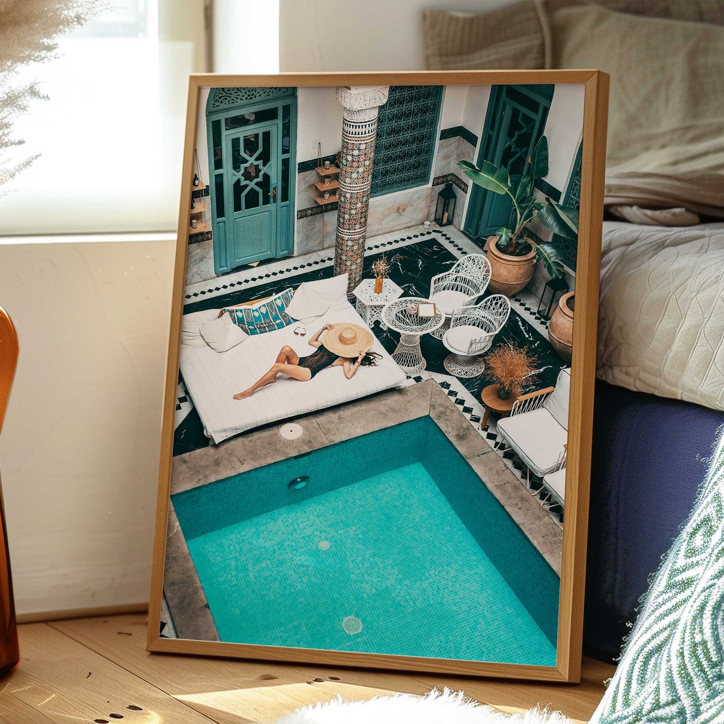 girl relaxing by pool print wood frame mockup