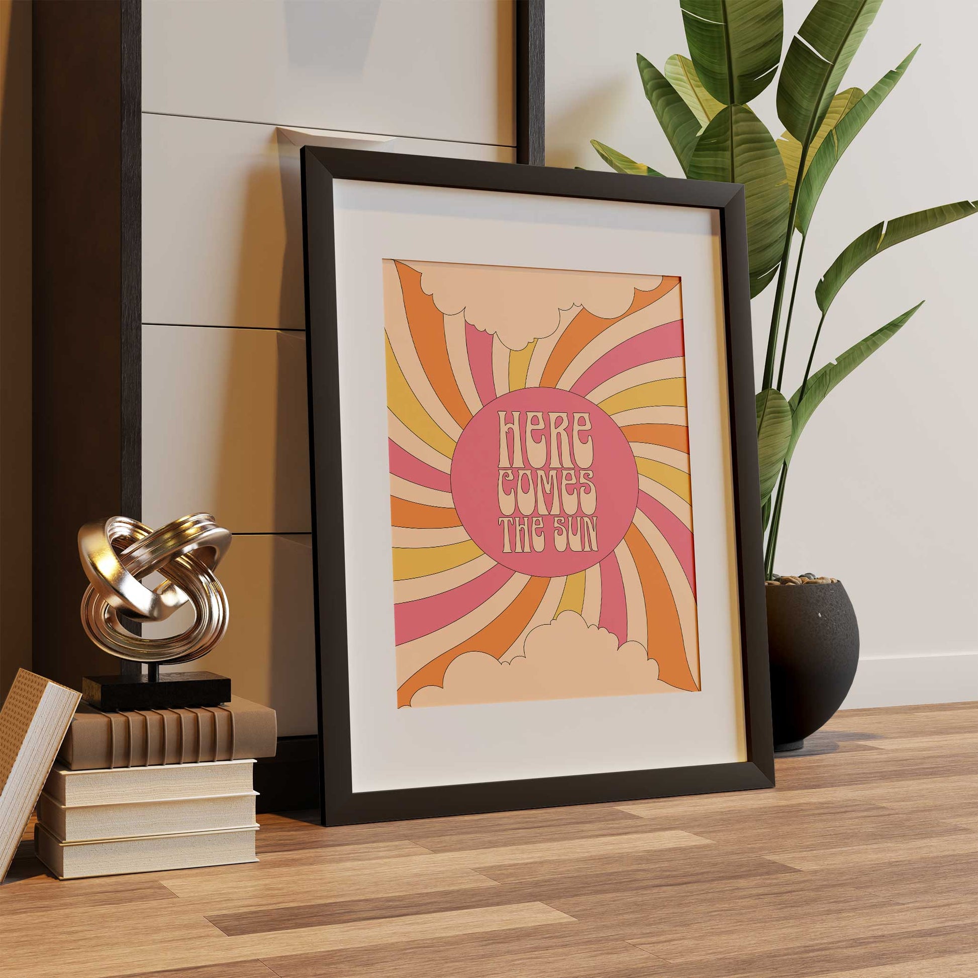 here comes the sun print typography sunburst mockup black frame lounge