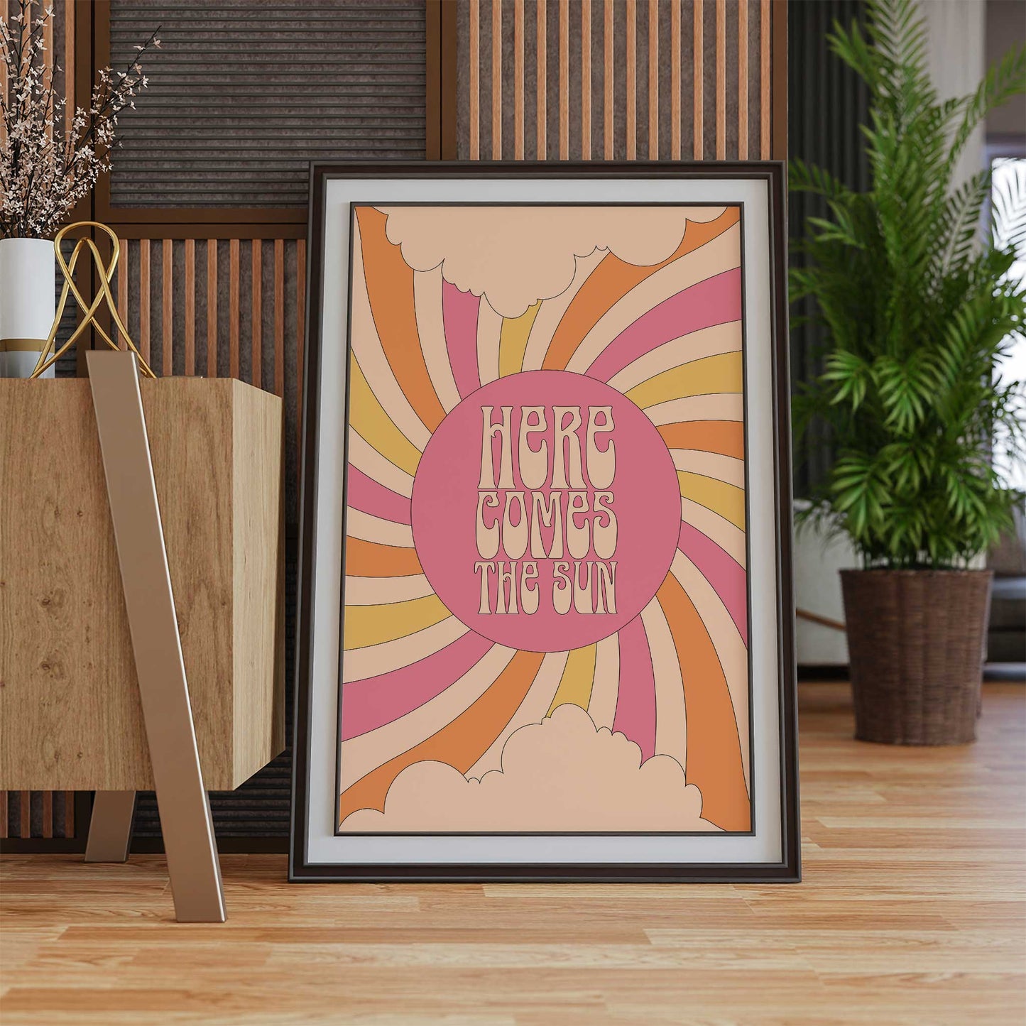 here comes the sun print typography sunburst mockup dark wooden frame lounge