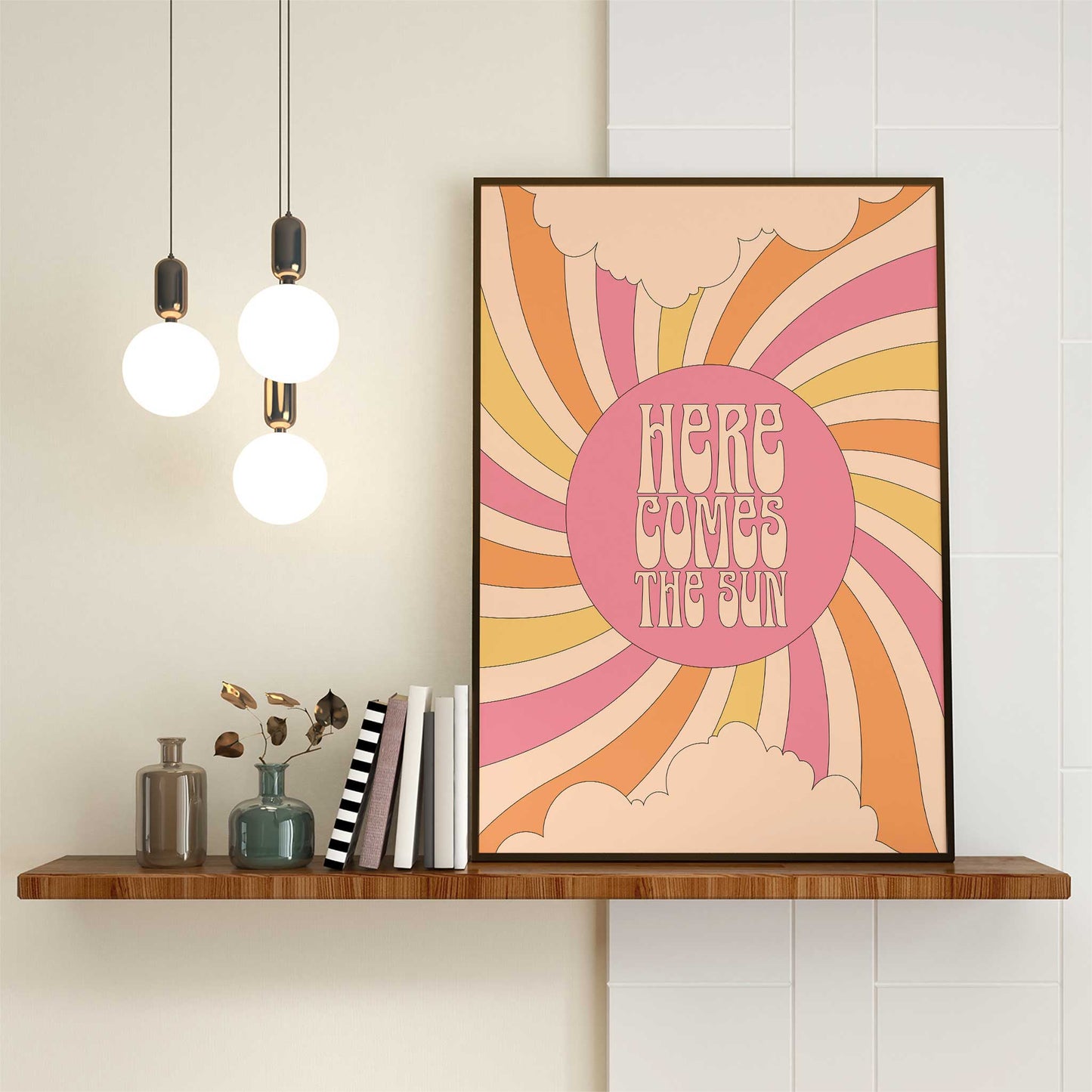 here comes the sun print typography sunburst mockup black frame shelf