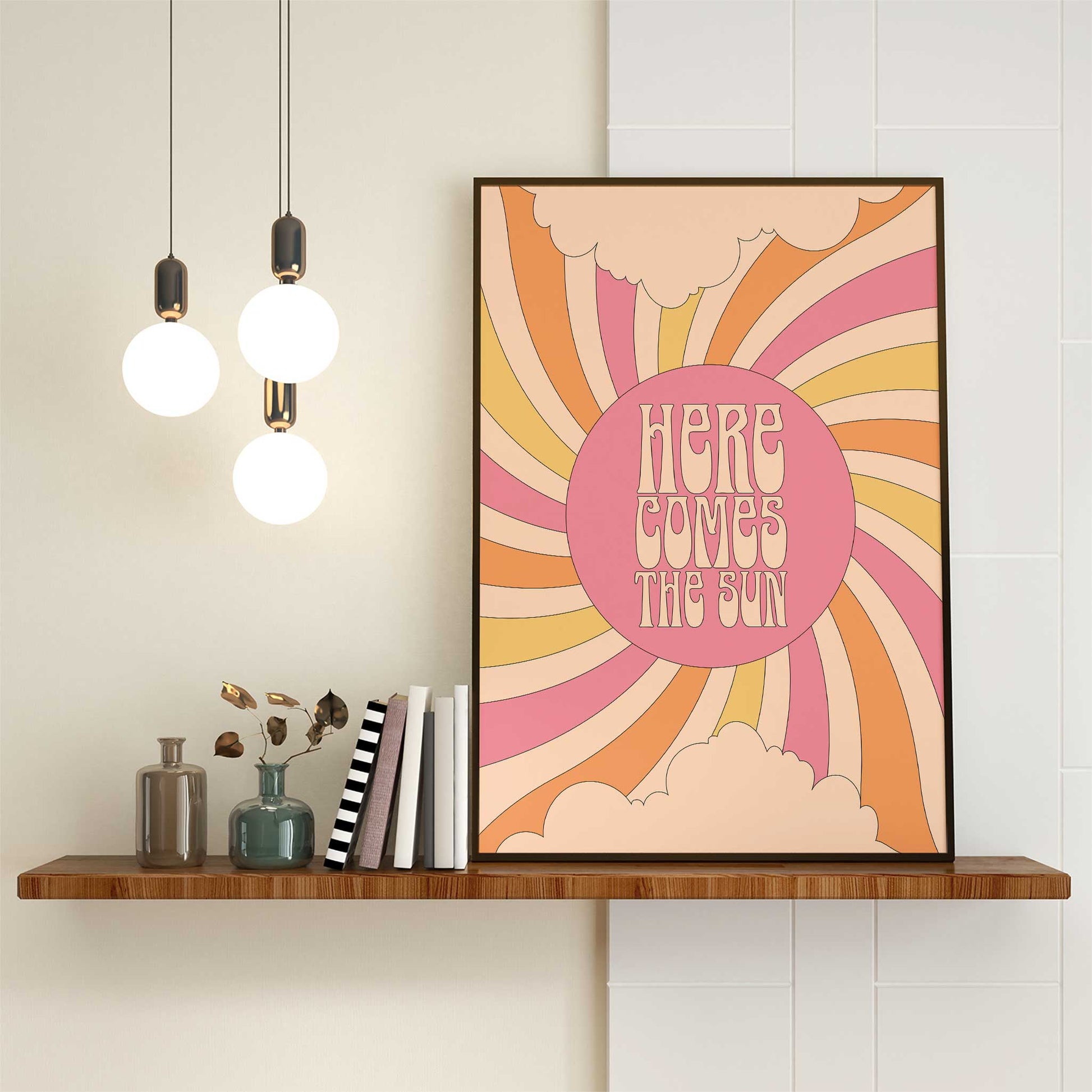 here comes the sun print typography sunburst mockup black frame shelf