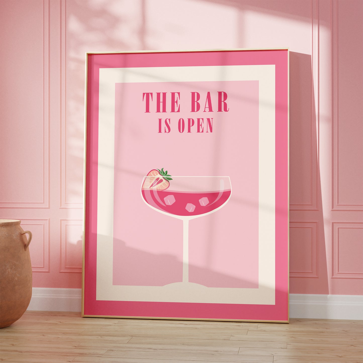 The bar is open print framed mockup