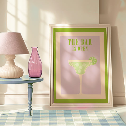 The bar is open print framed mockup