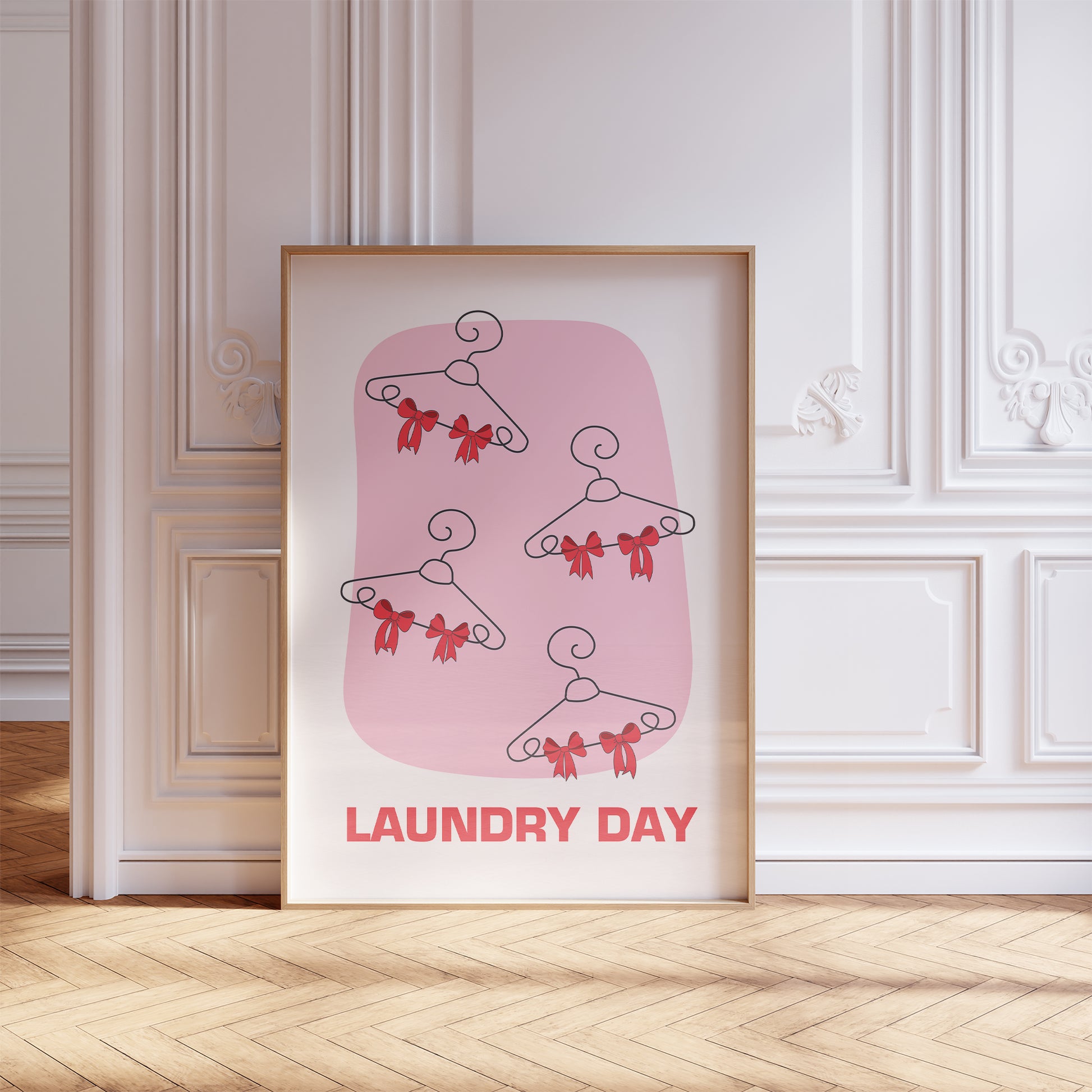 laundry day hangers with red bows print french chic mockup light wood frame