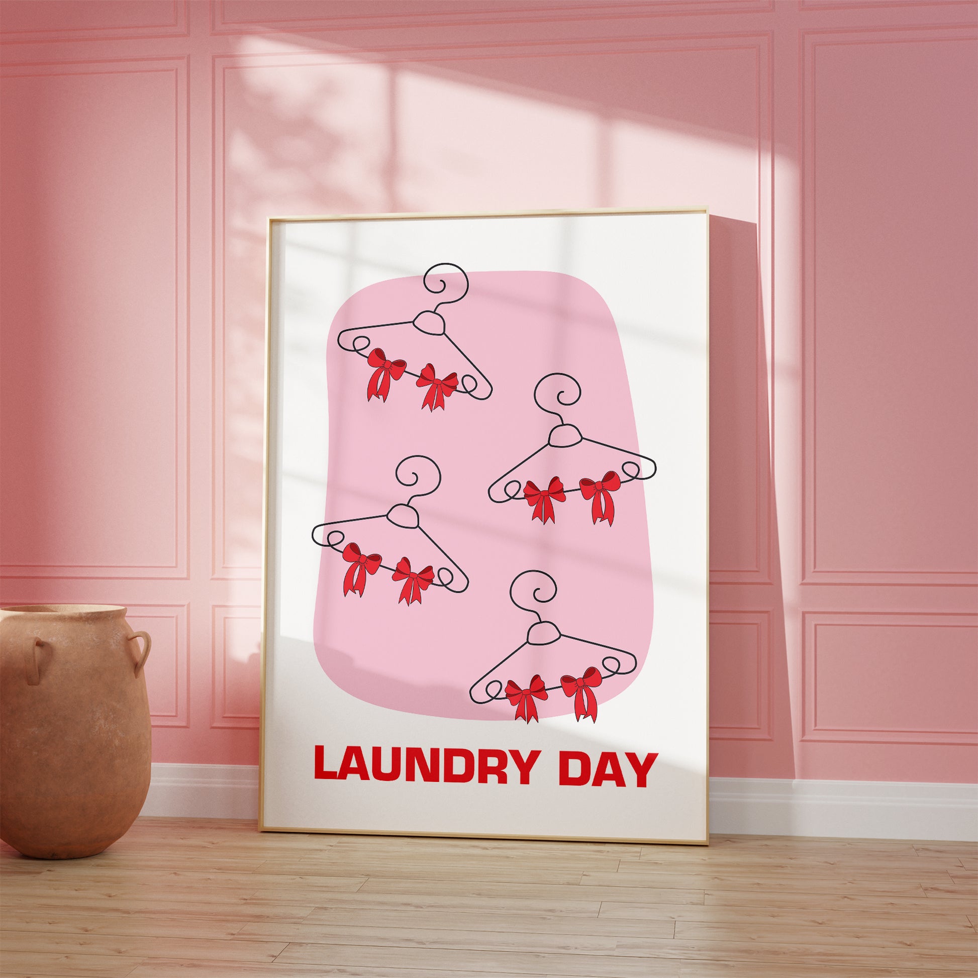 laundry day hangers with red bows print french chic mockup light wood frame