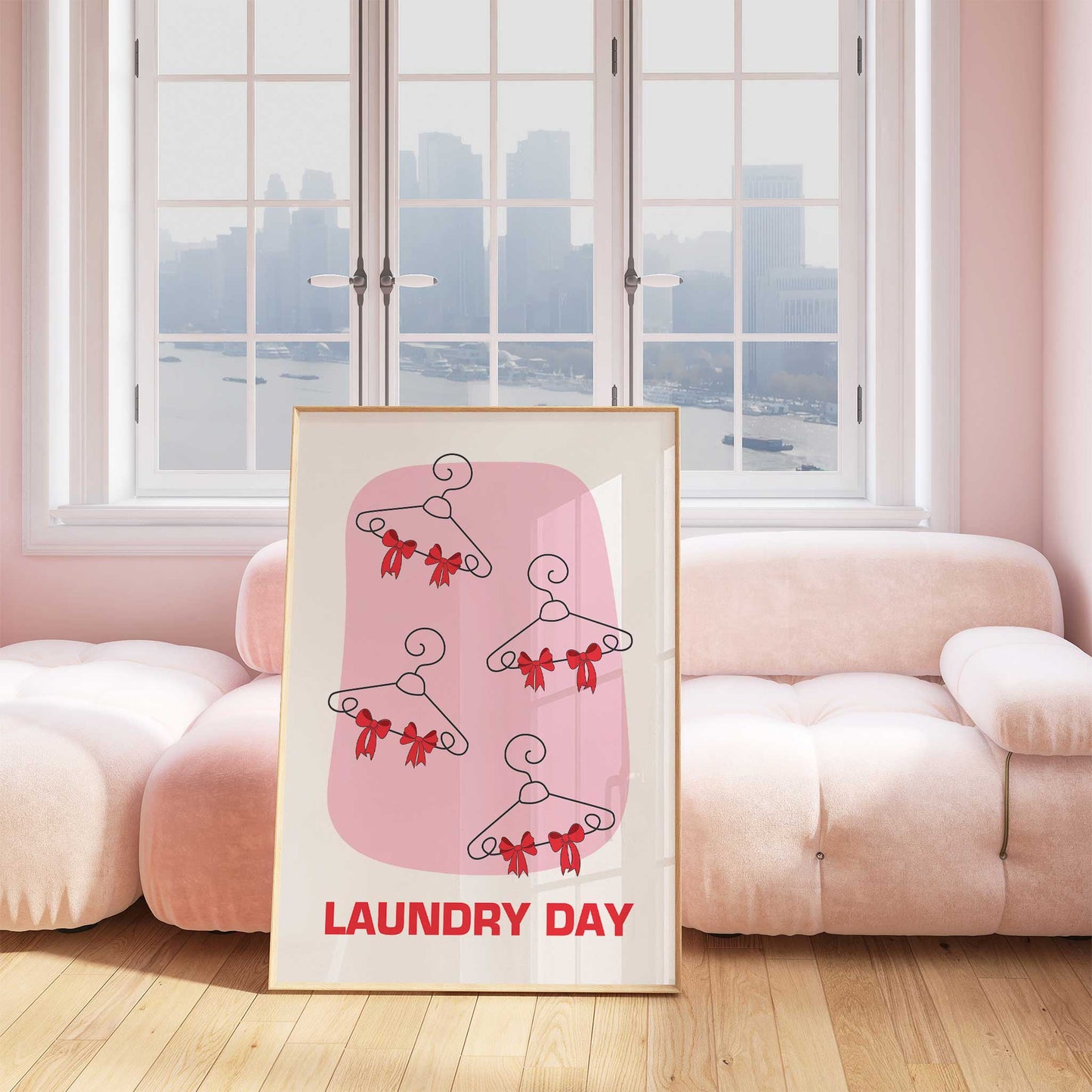 laundry day hangers with red bows print french chic mockup light wood frame