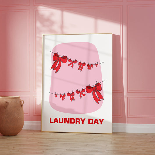 laundry day print pink with red bows chic french style mockup framed