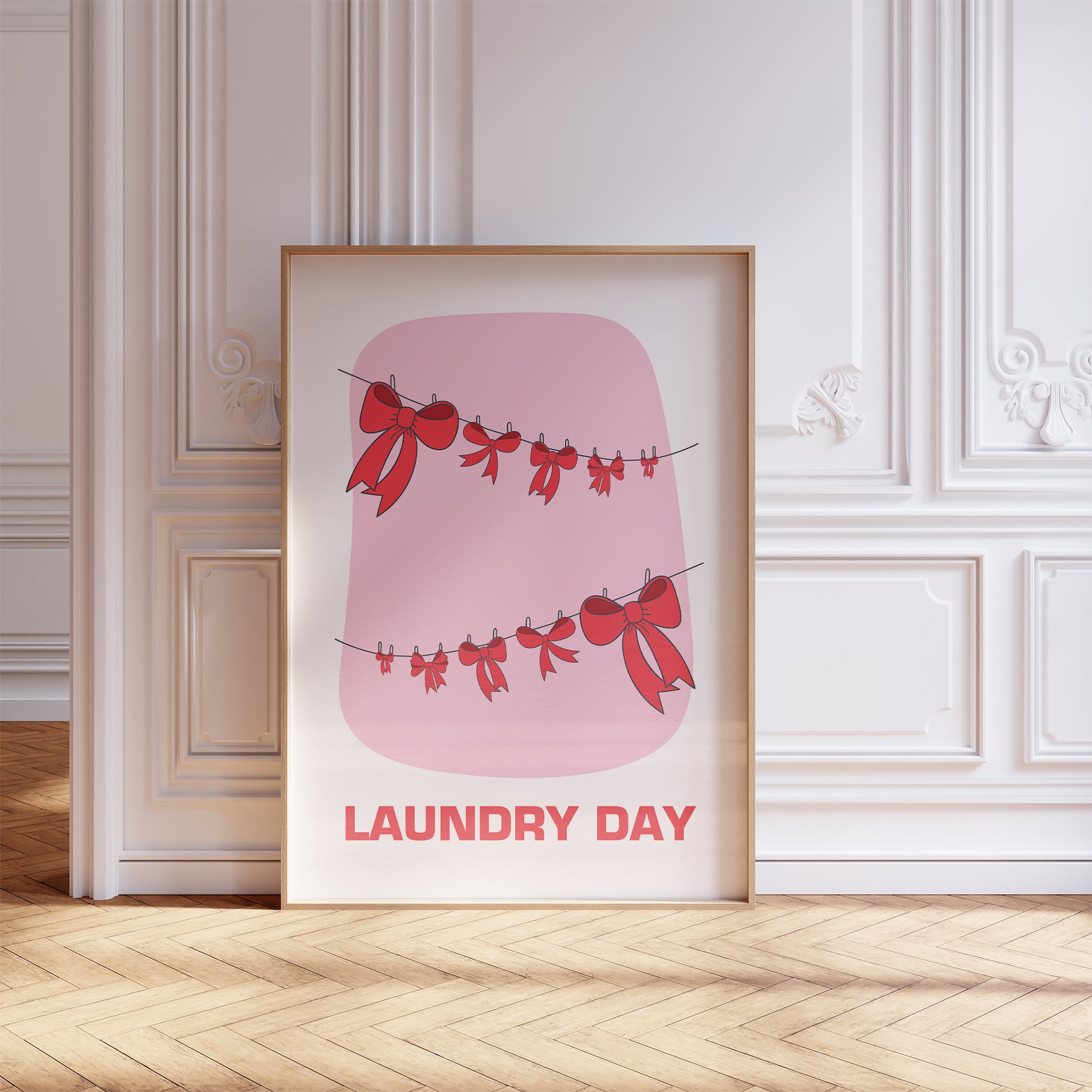 laundry day print pink with red bows chic french style mockup framed