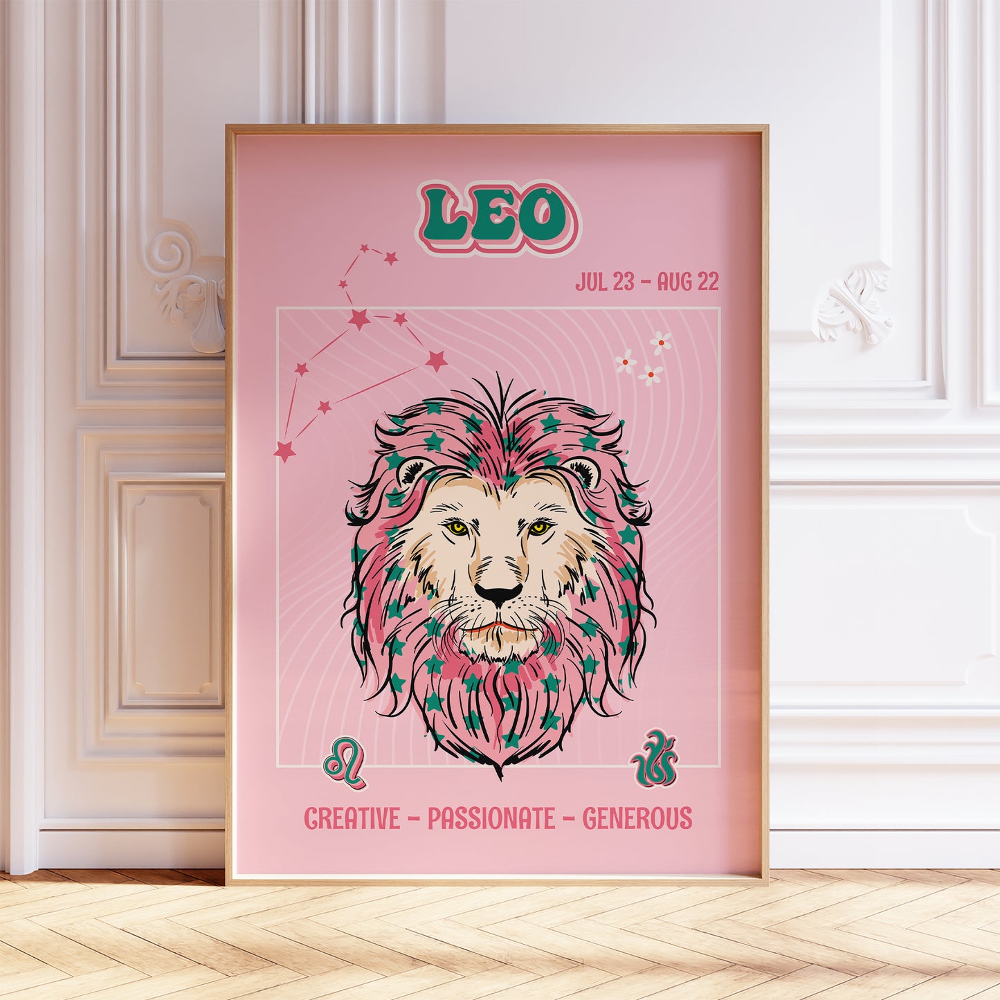 leo zodiac print retro style framed mockup trendy living room