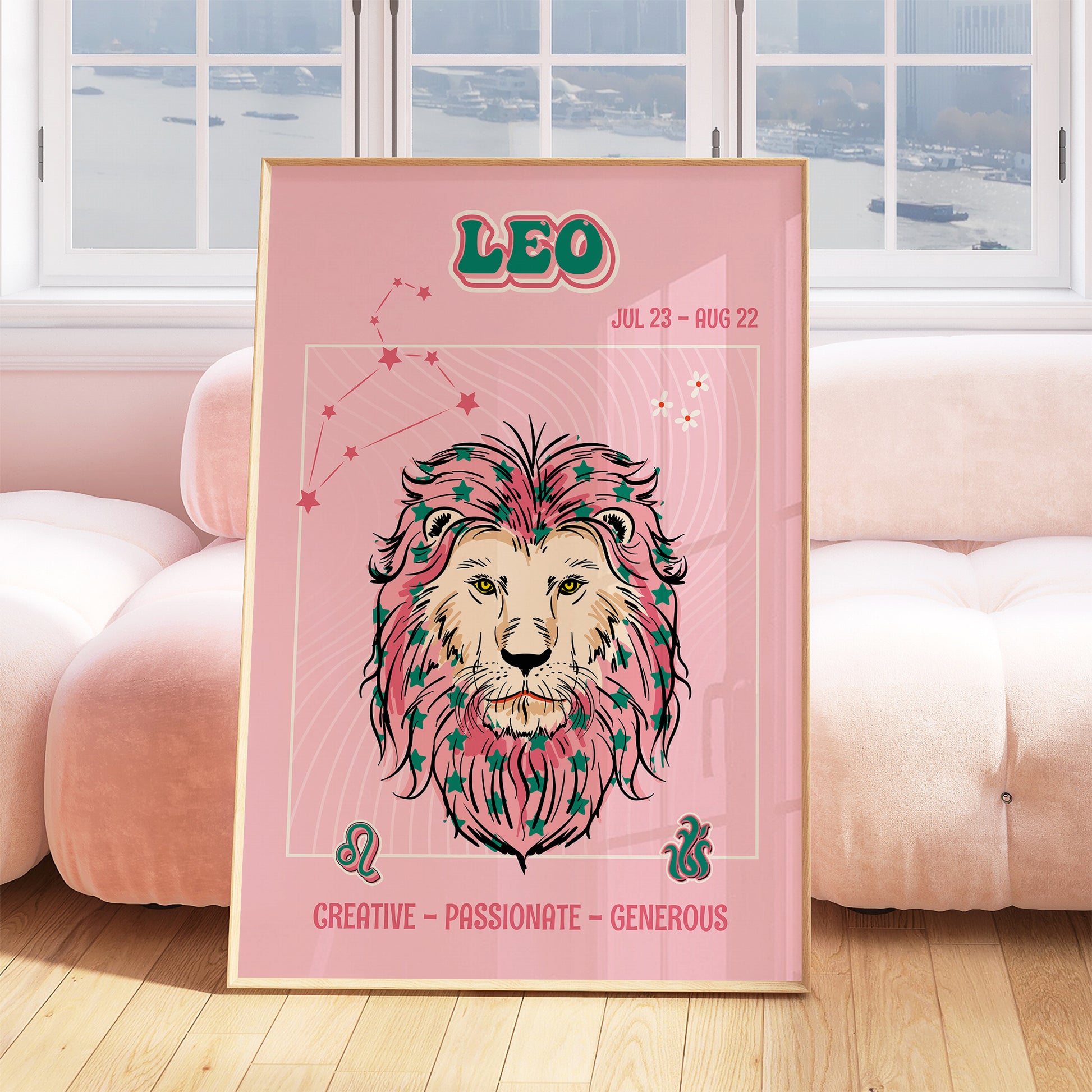 leo zodiac print retro style framed mockup trendy living room