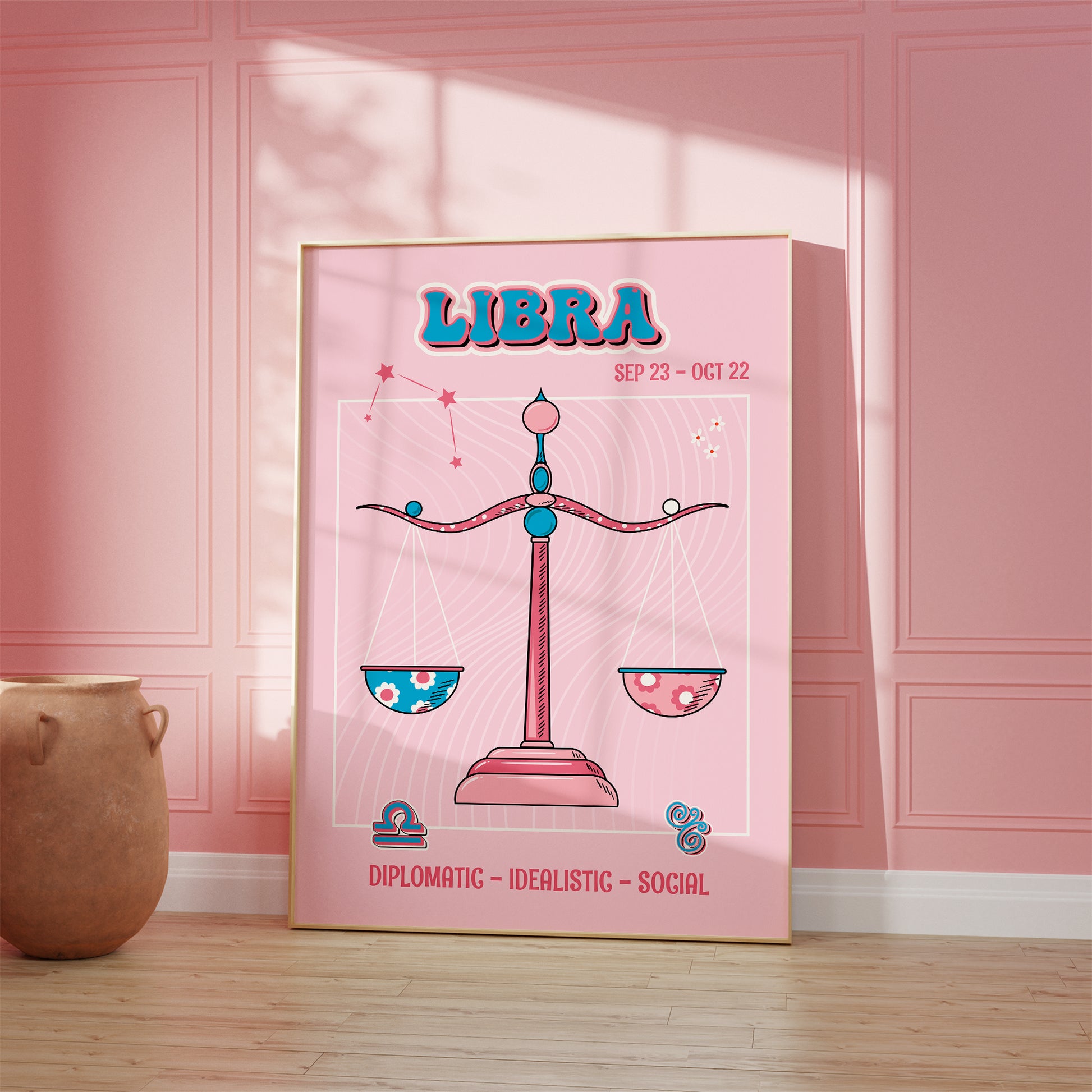 libra zodiac print retro style framed mockup trendy living room