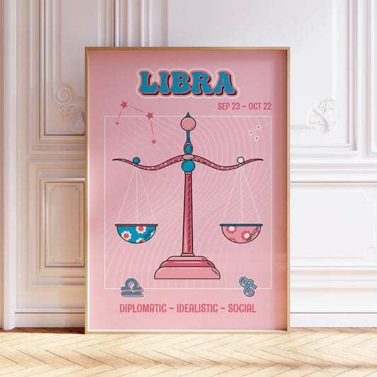 libra zodiac print retro style framed mockup trendy living room