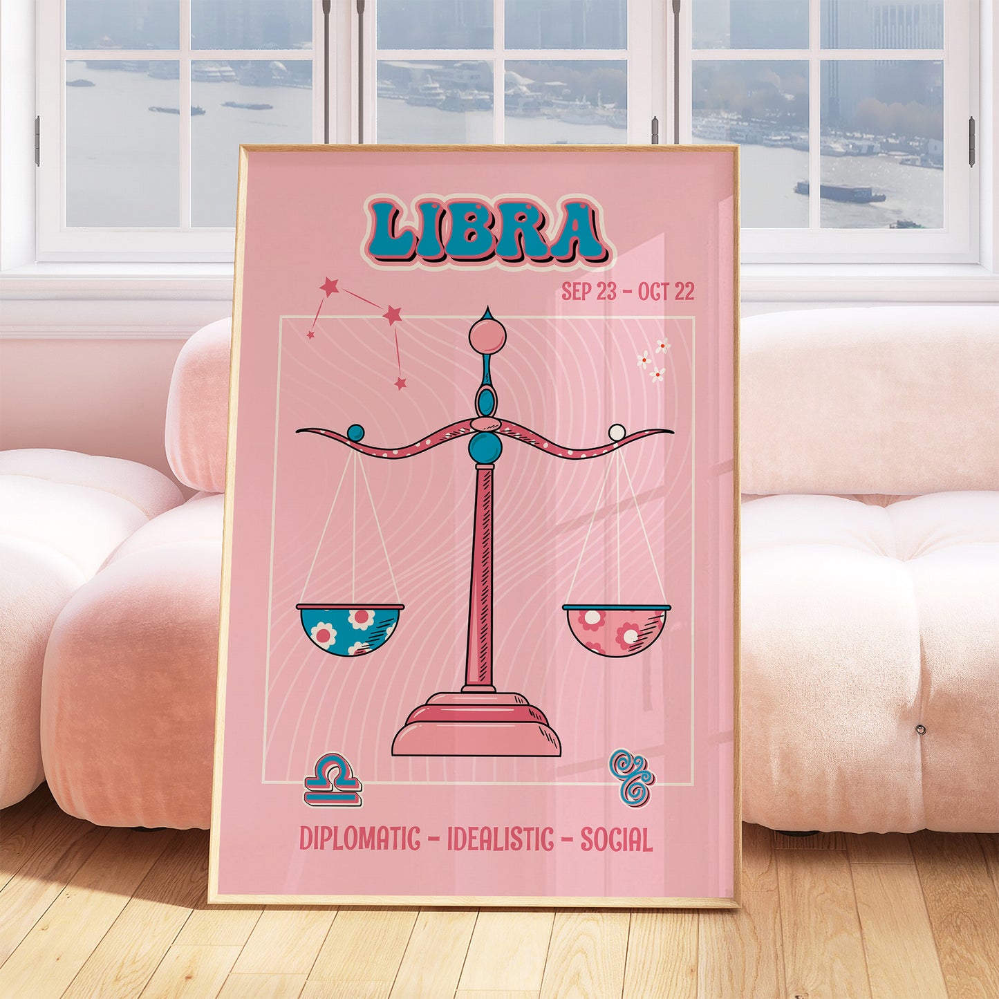 libra zodiac print retro style framed mockup trendy living room