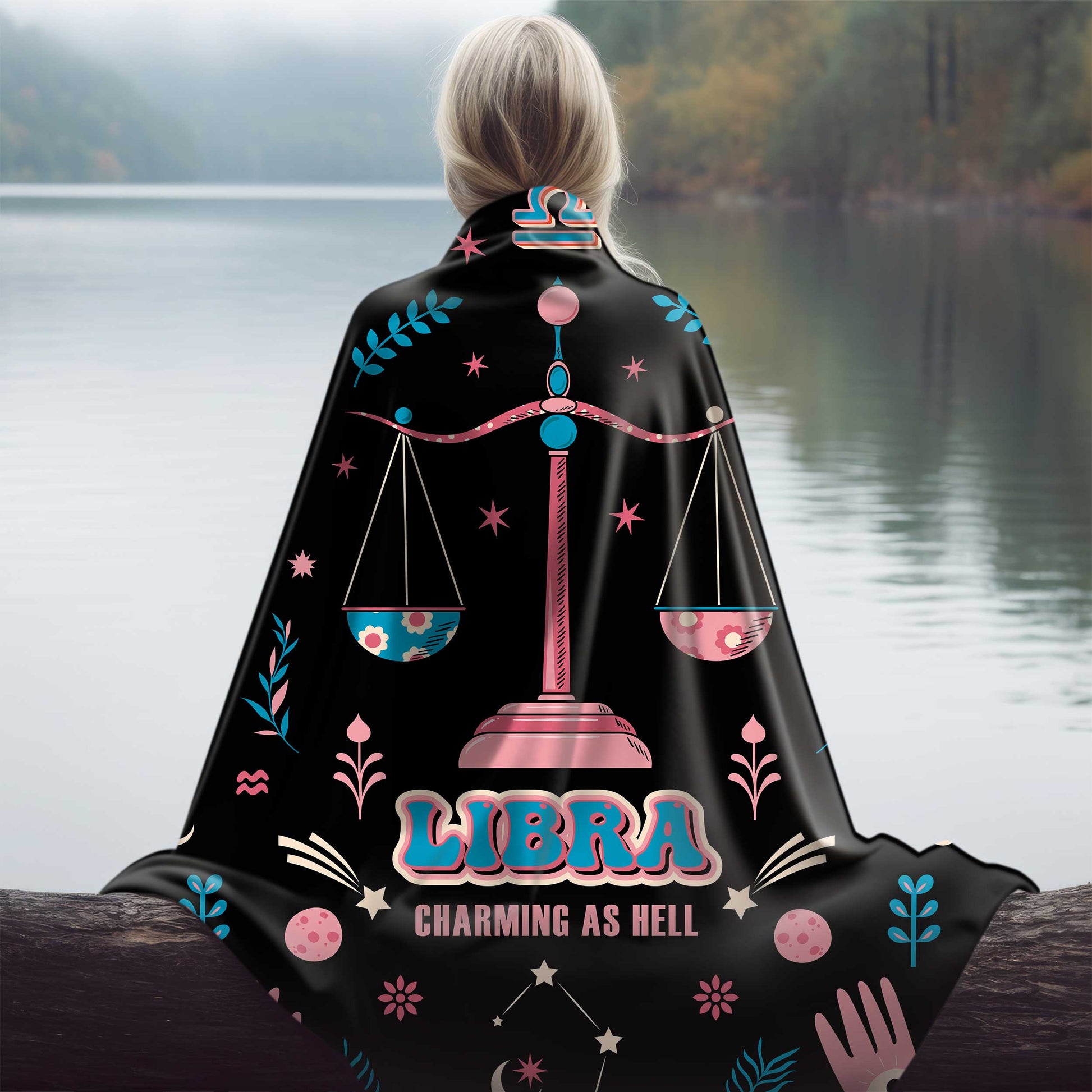 libra zodiac sherpa blanket draped over girl by river