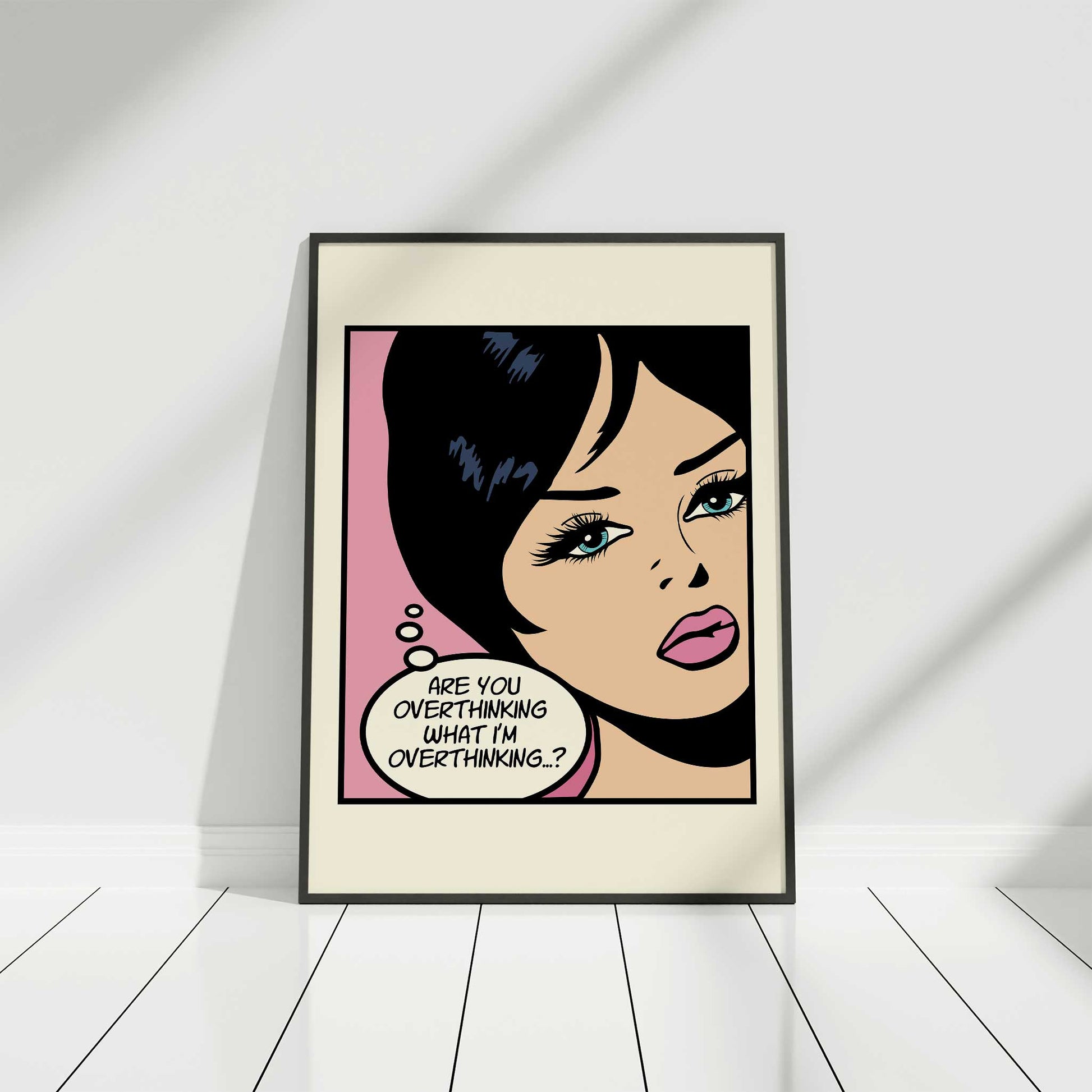 overthinking quote pop art girl mockup black frame white background