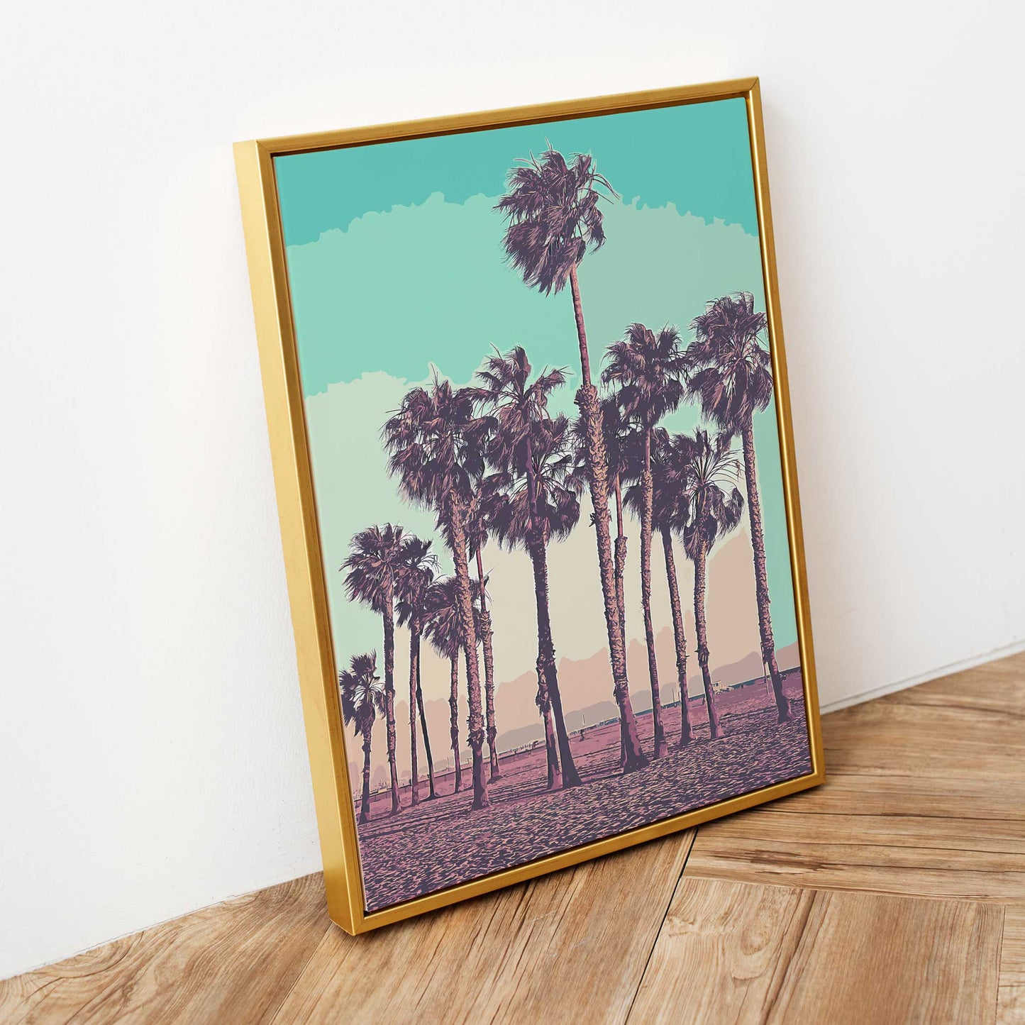 palm tree art print vintage mockup gold frame floor