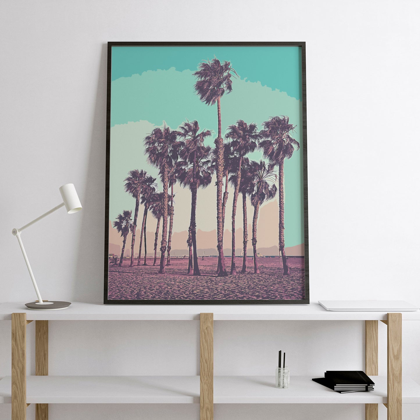 palm tree art print vintage mockup black frame desk