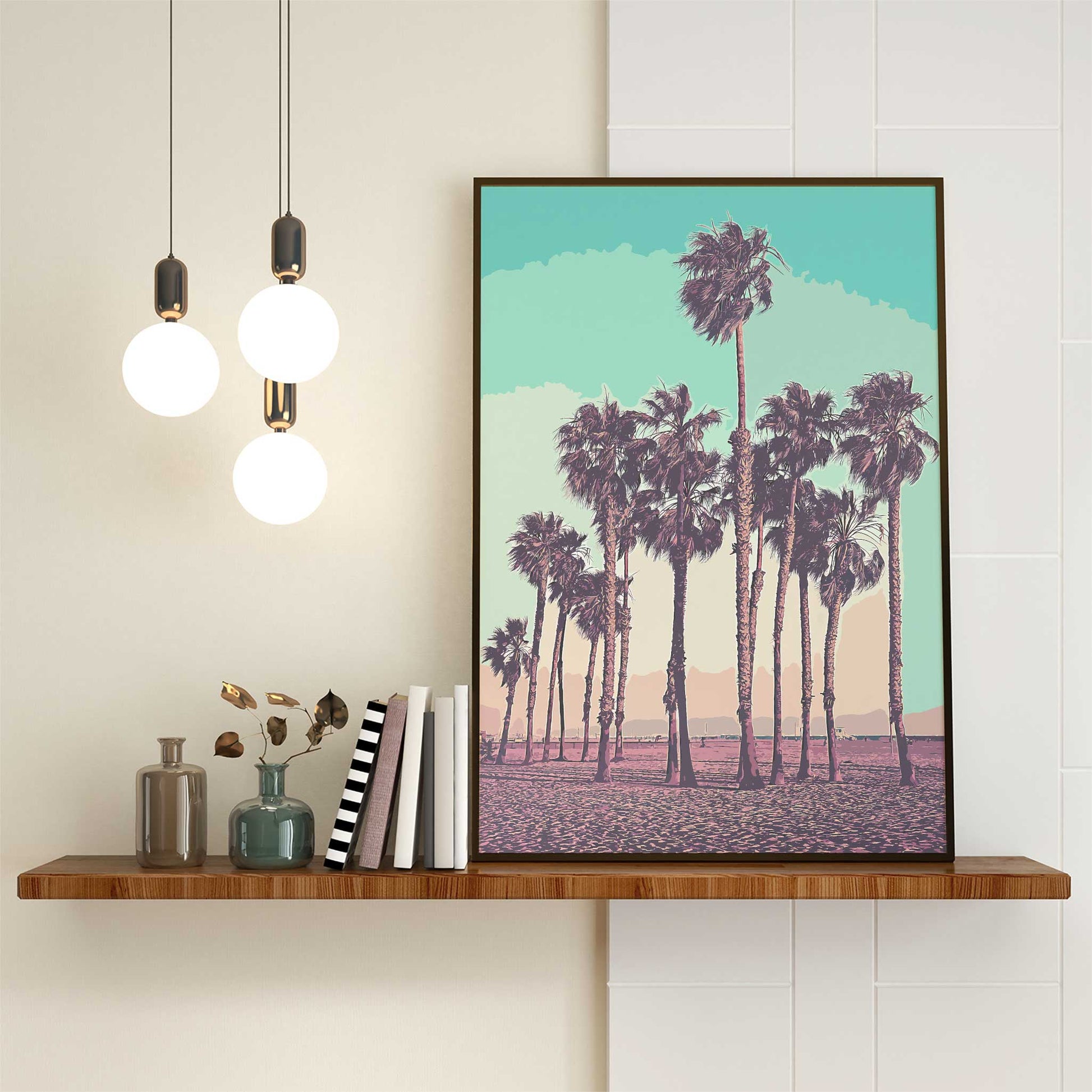 palm tree art print vintage mockup dark frame shelf