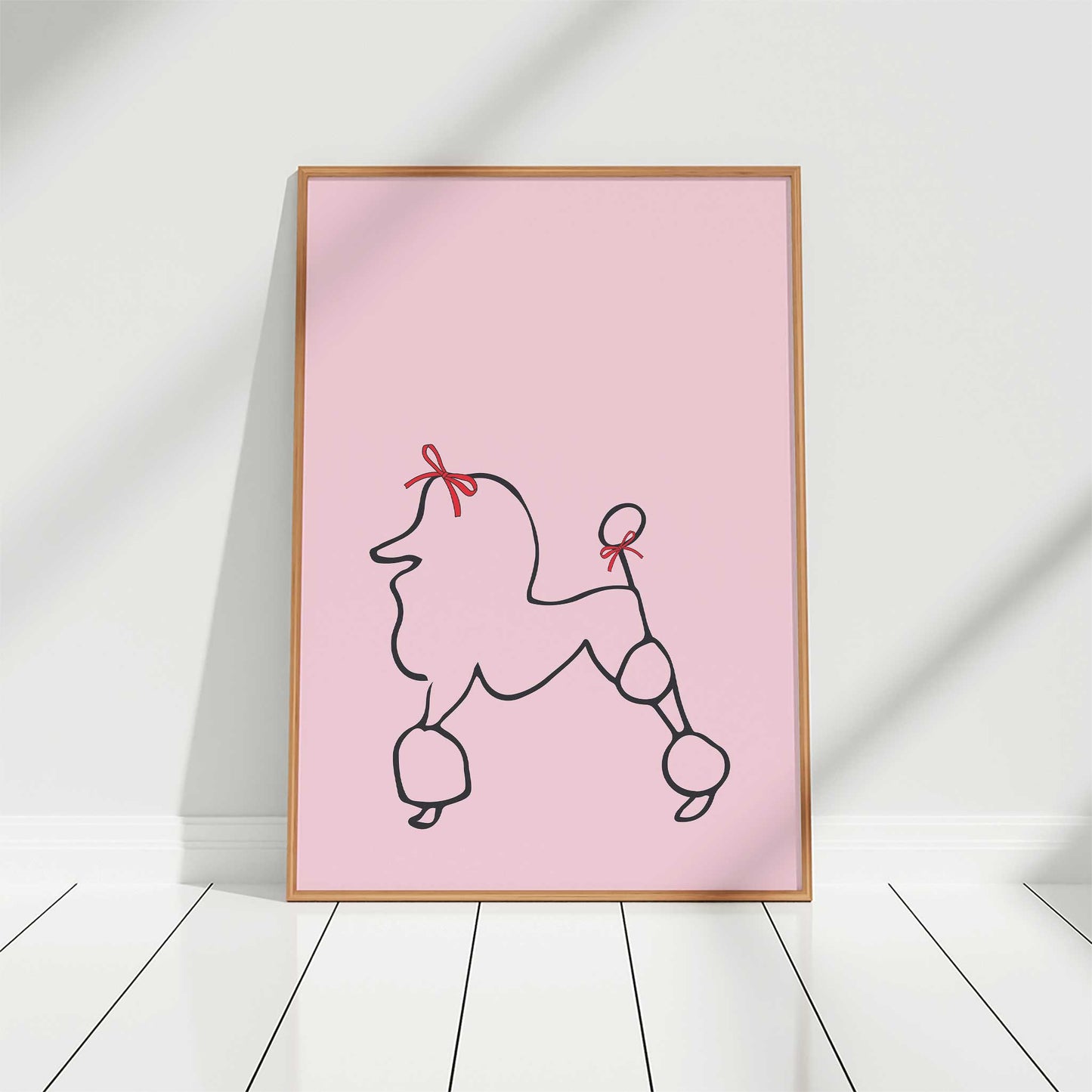 parisian poodle print in pink mockup light wood frame