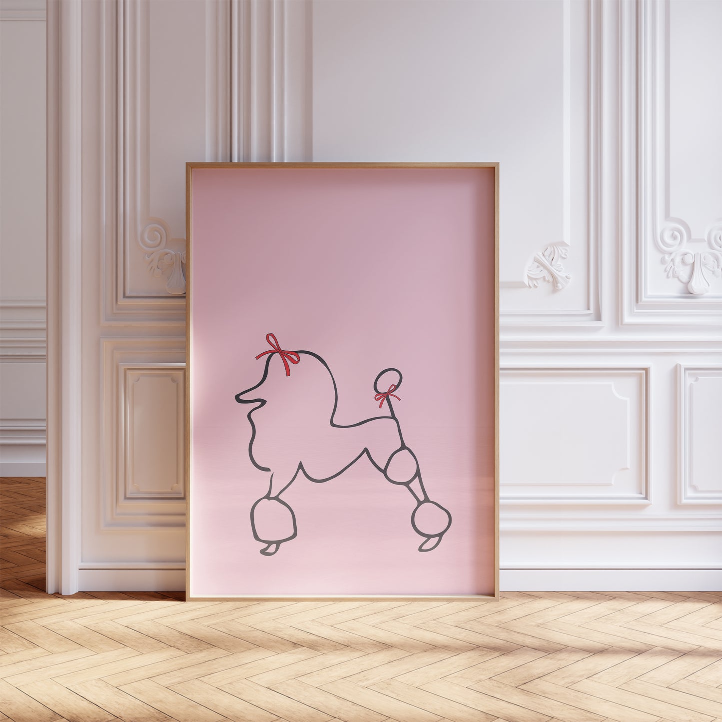 parisian poodle print in pink mockup light wood frame white panel room