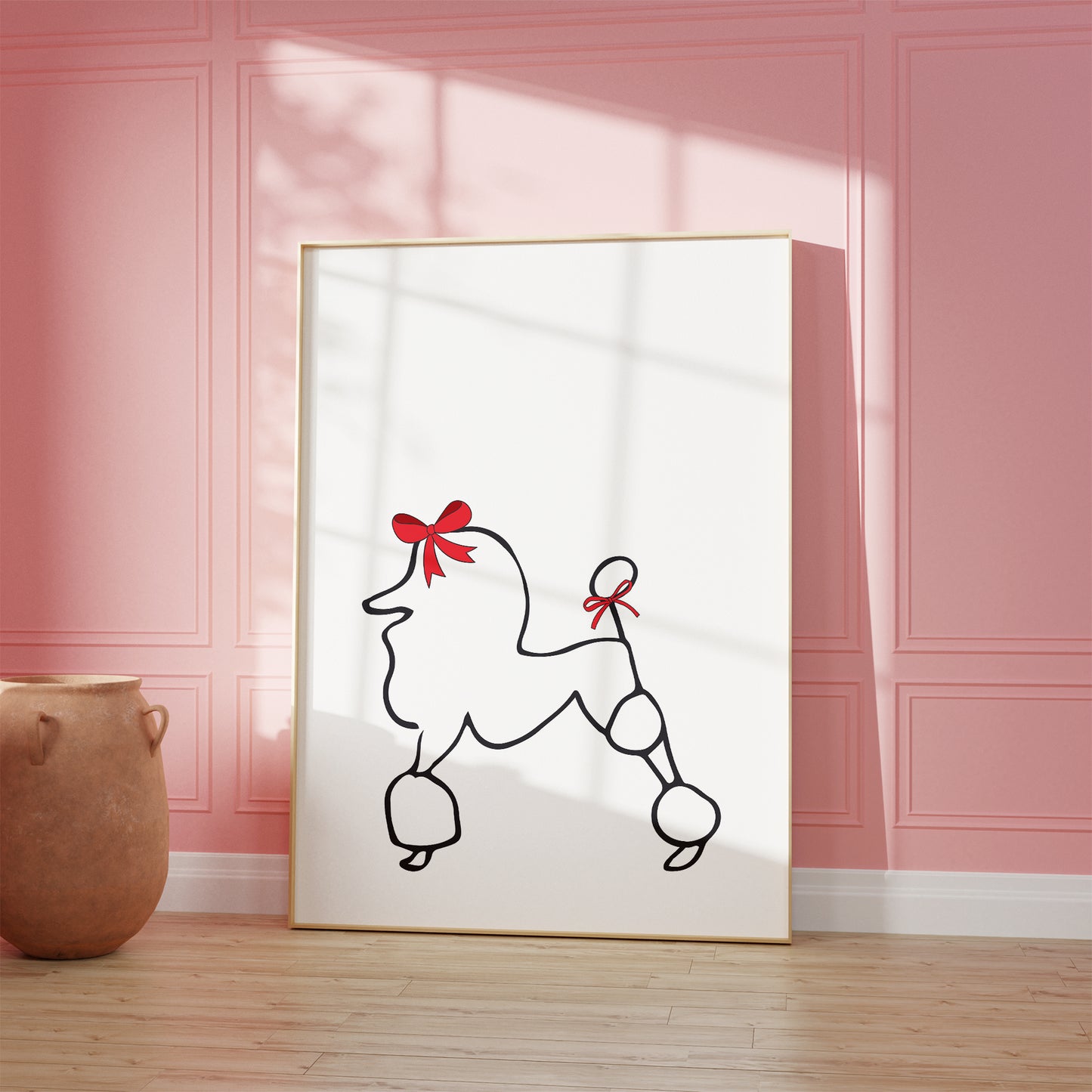 parisian poodle print in white mockup framed in front of pink wall