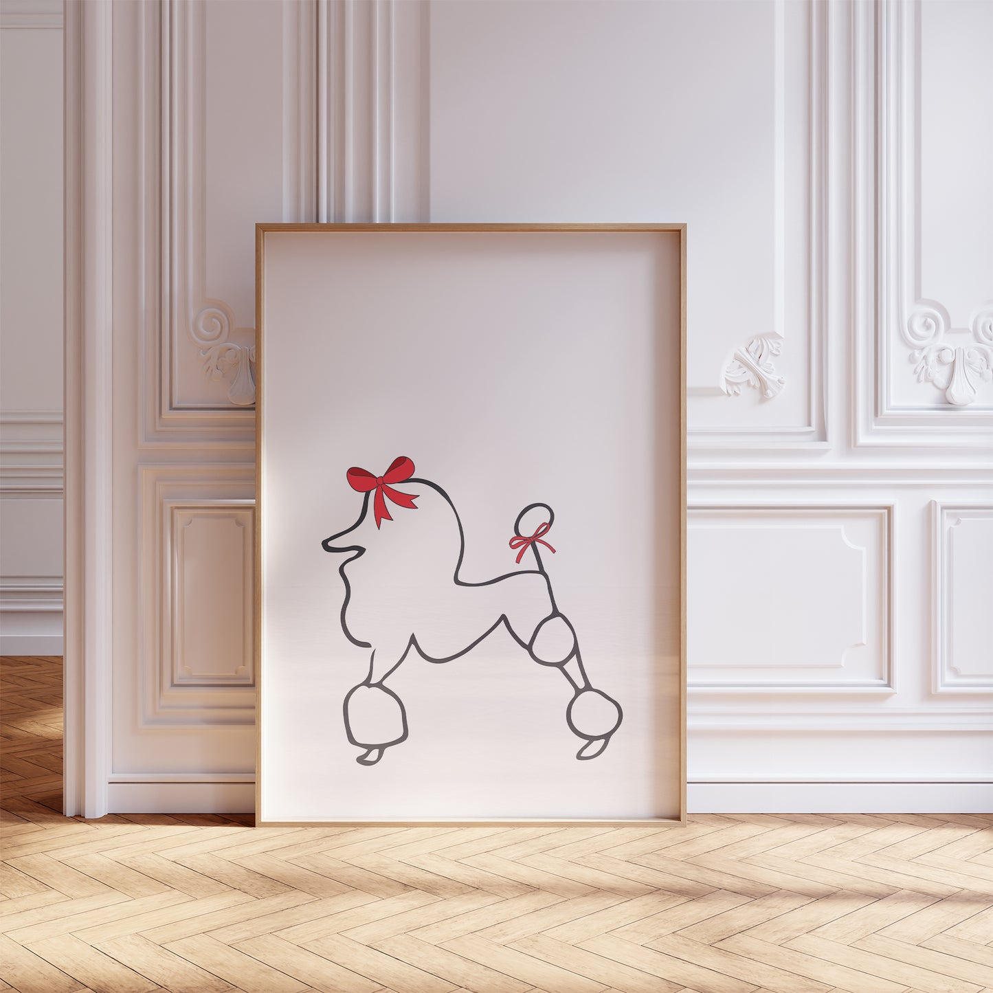 parisian poodle print in white mockup framed in front of panel wall