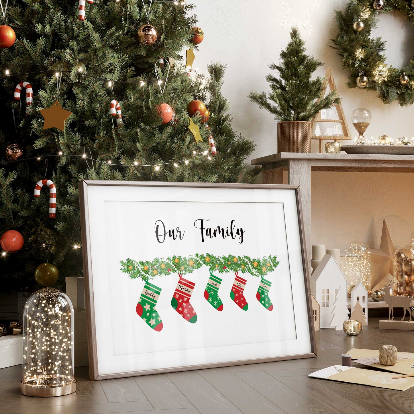 personalised family christmas print mockup frame with xmas decor