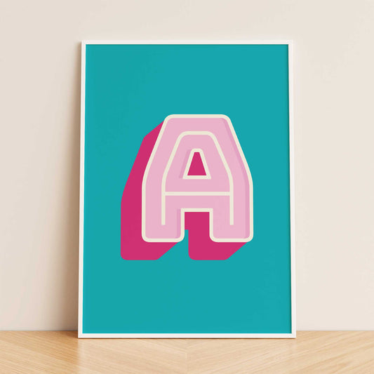 personalised letter blue and pink print mockup framed on wall