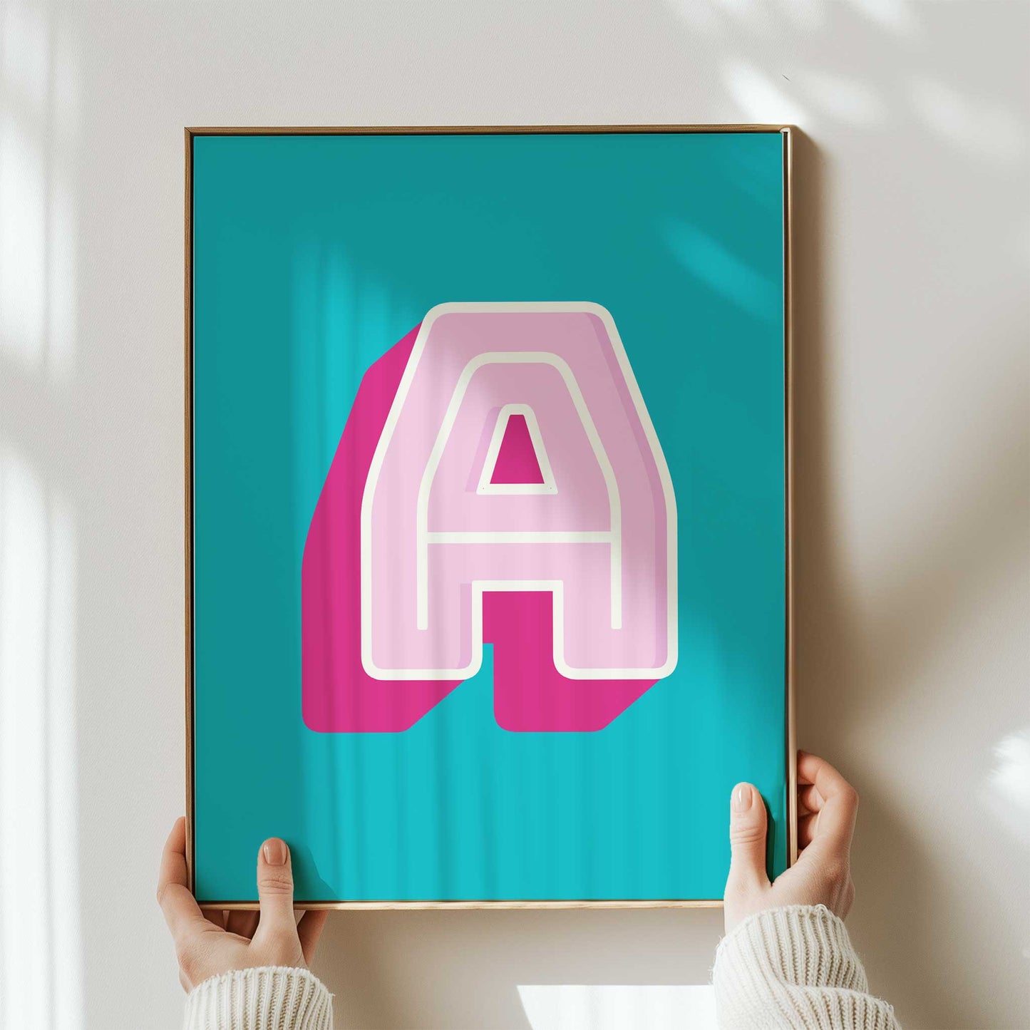 personalised letter blue and pink print mockup framed on wall