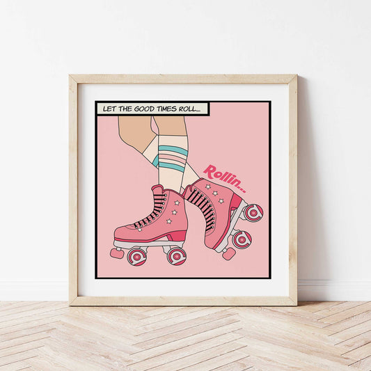 pink roller skates print mockup light wood frame wooden floor