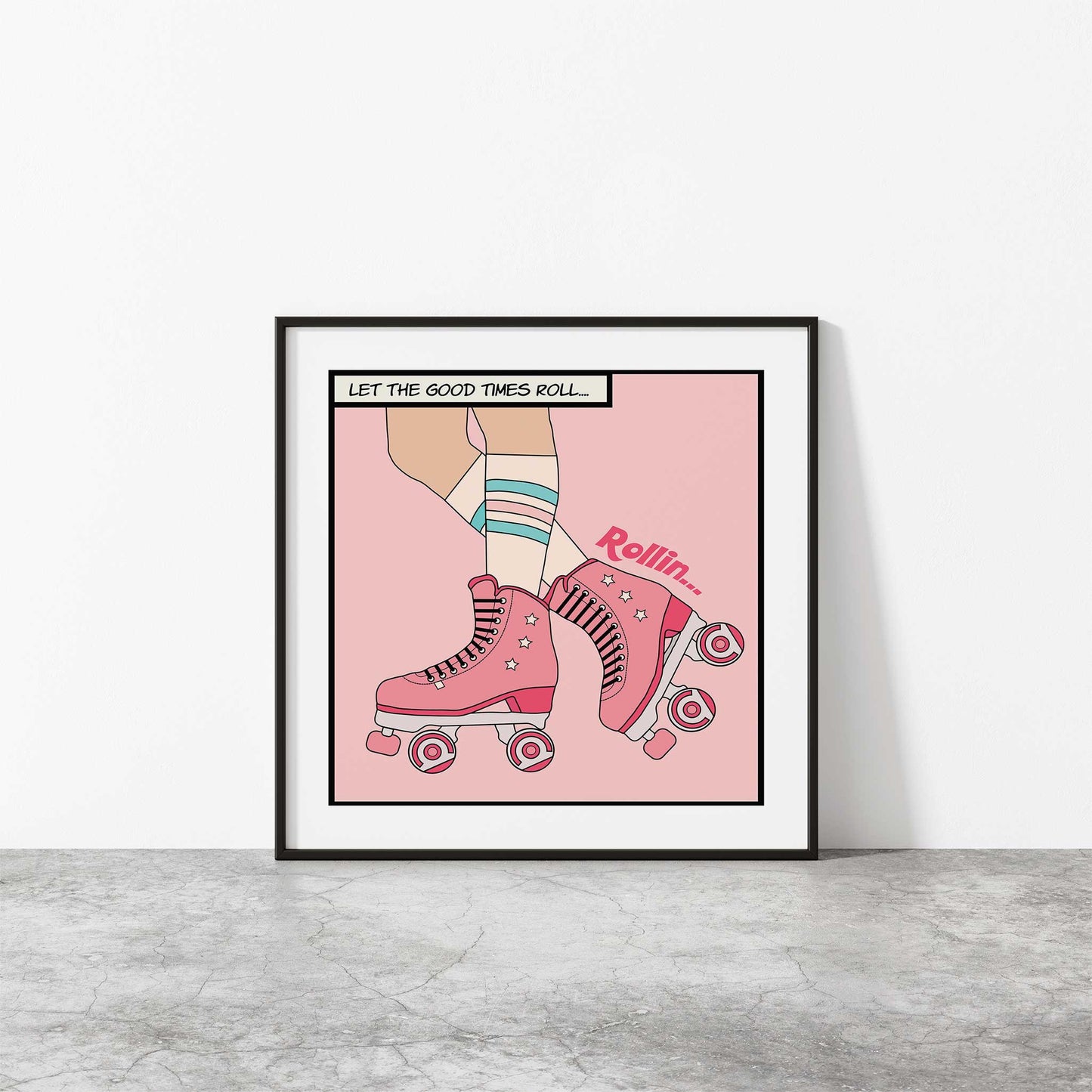 pink roller skates print mockup black frame concrete floor