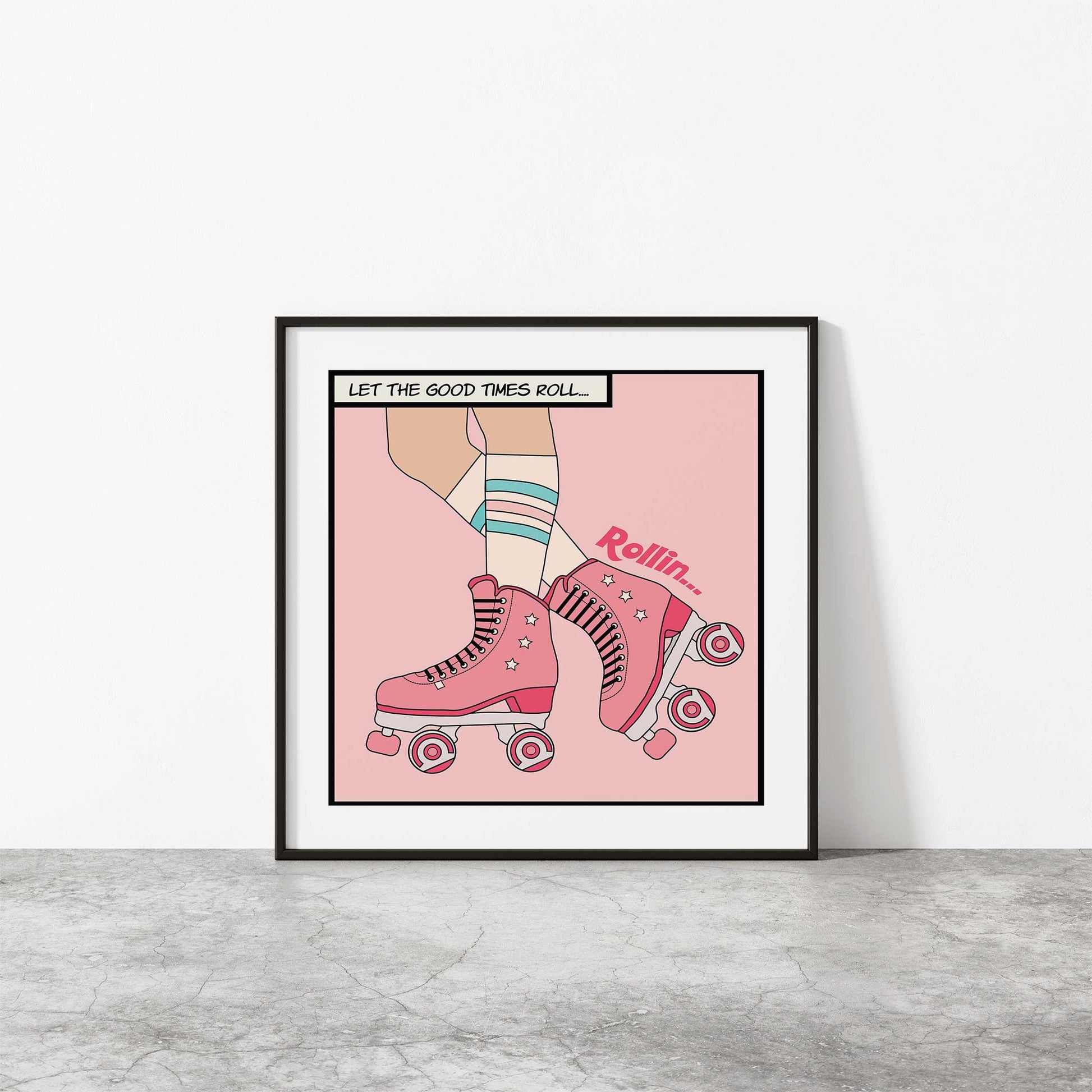 pink roller skates print mockup black frame concrete floor