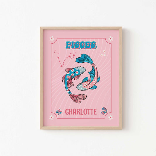 personalised pisces zodiac print wooden frame mockup