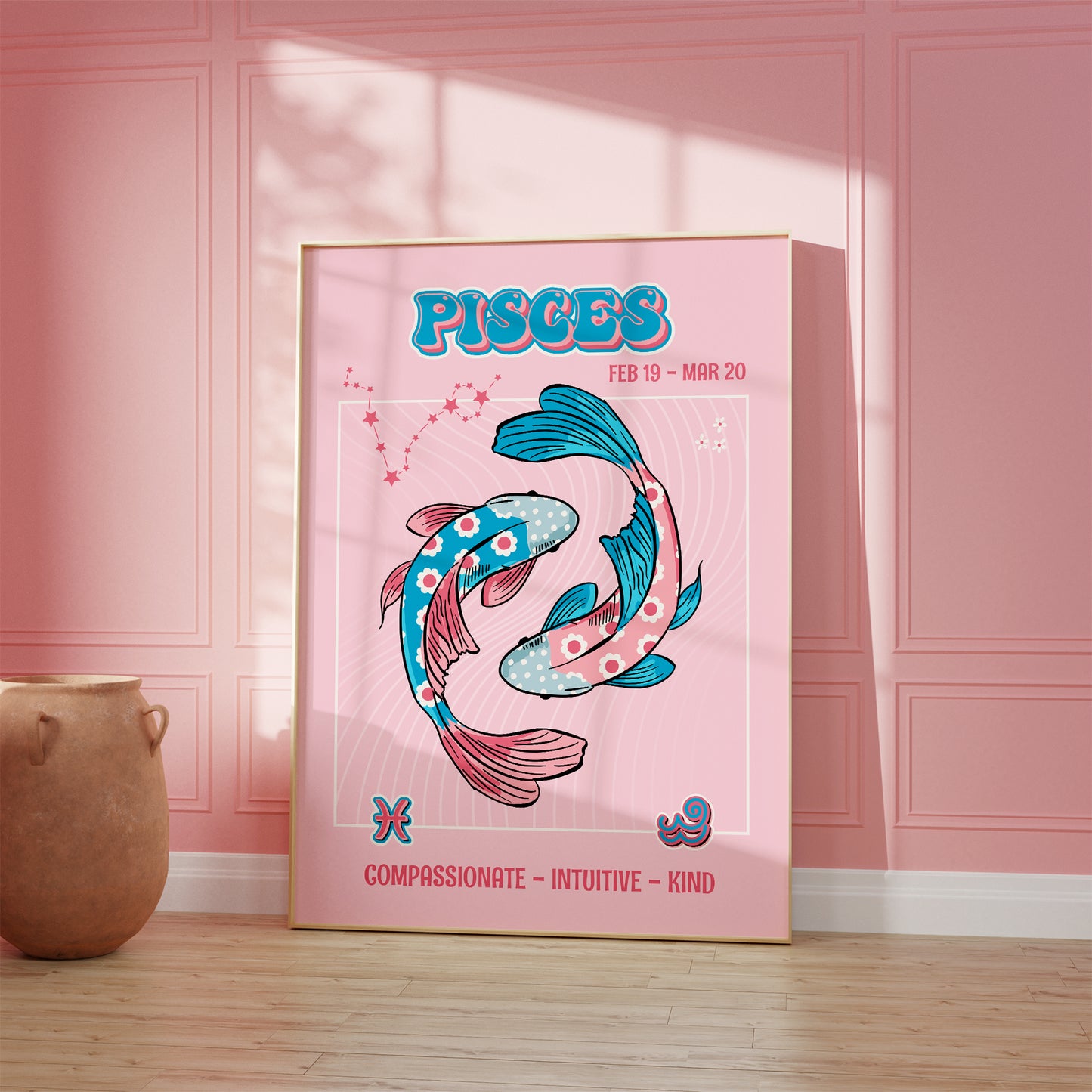 pisces zodiac print retro style framed mockup trendy living room