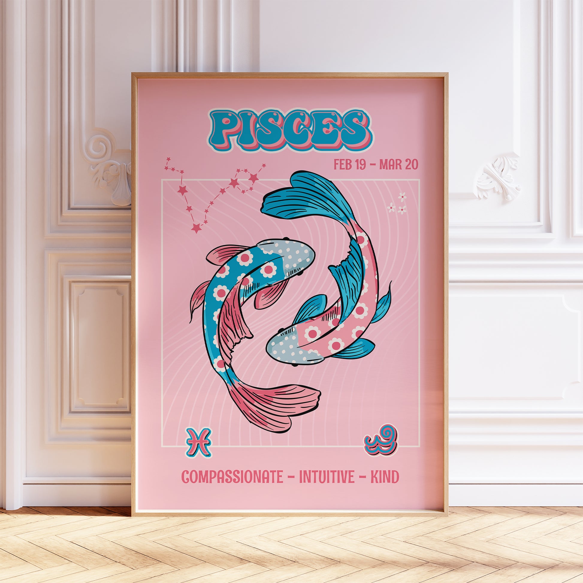 pisces zodiac print retro style framed mockup trendy living room