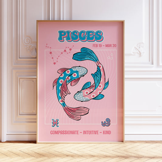 pisces zodiac print retro style framed mockup trendy living room