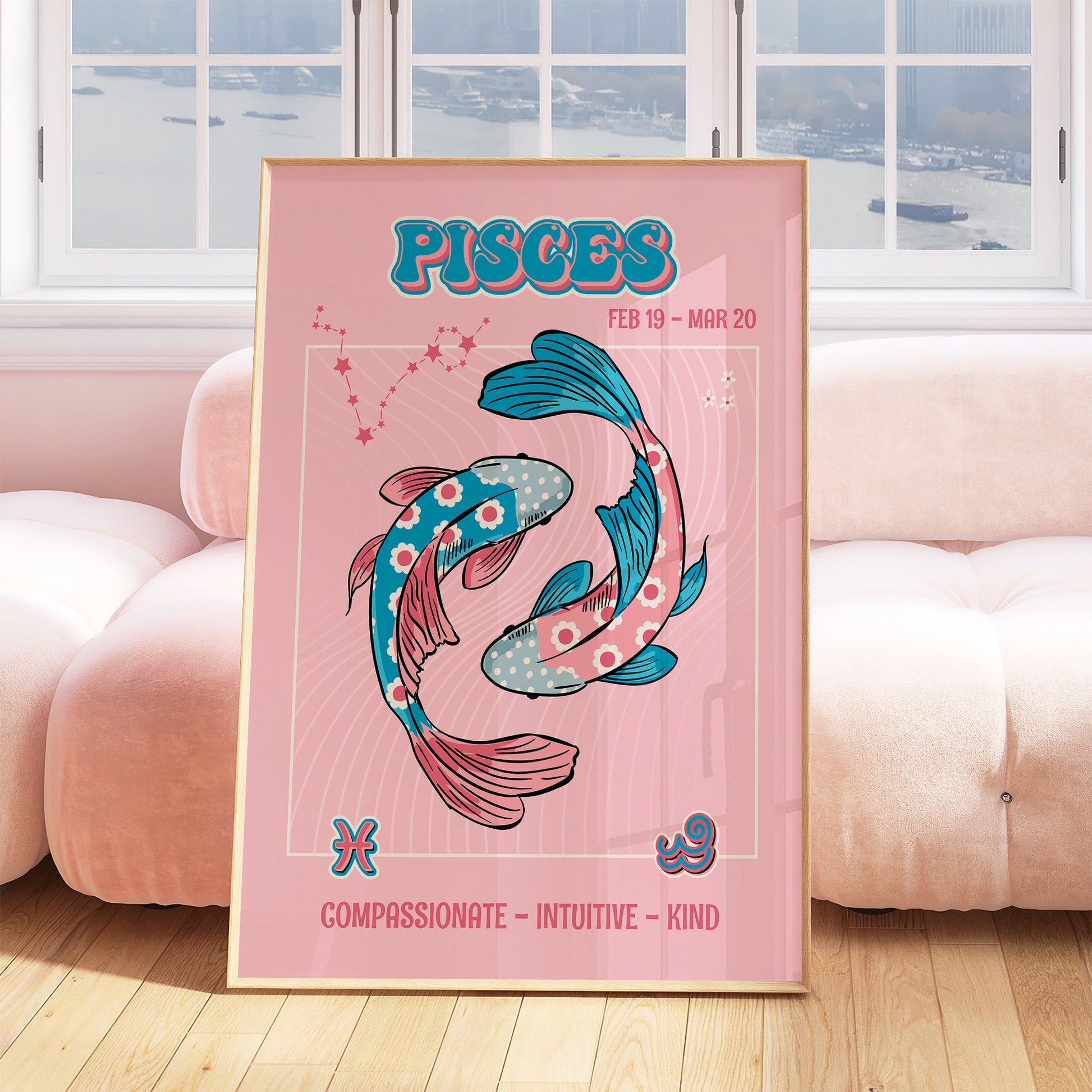 pisces zodiac print retro style framed mockup trendy living room