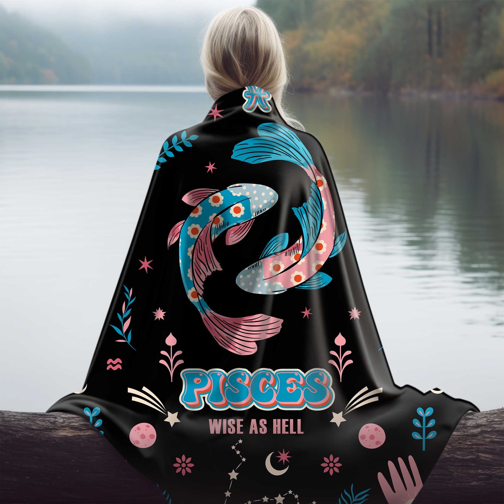 pisces zodiac sherpa blanket draped over girl by river