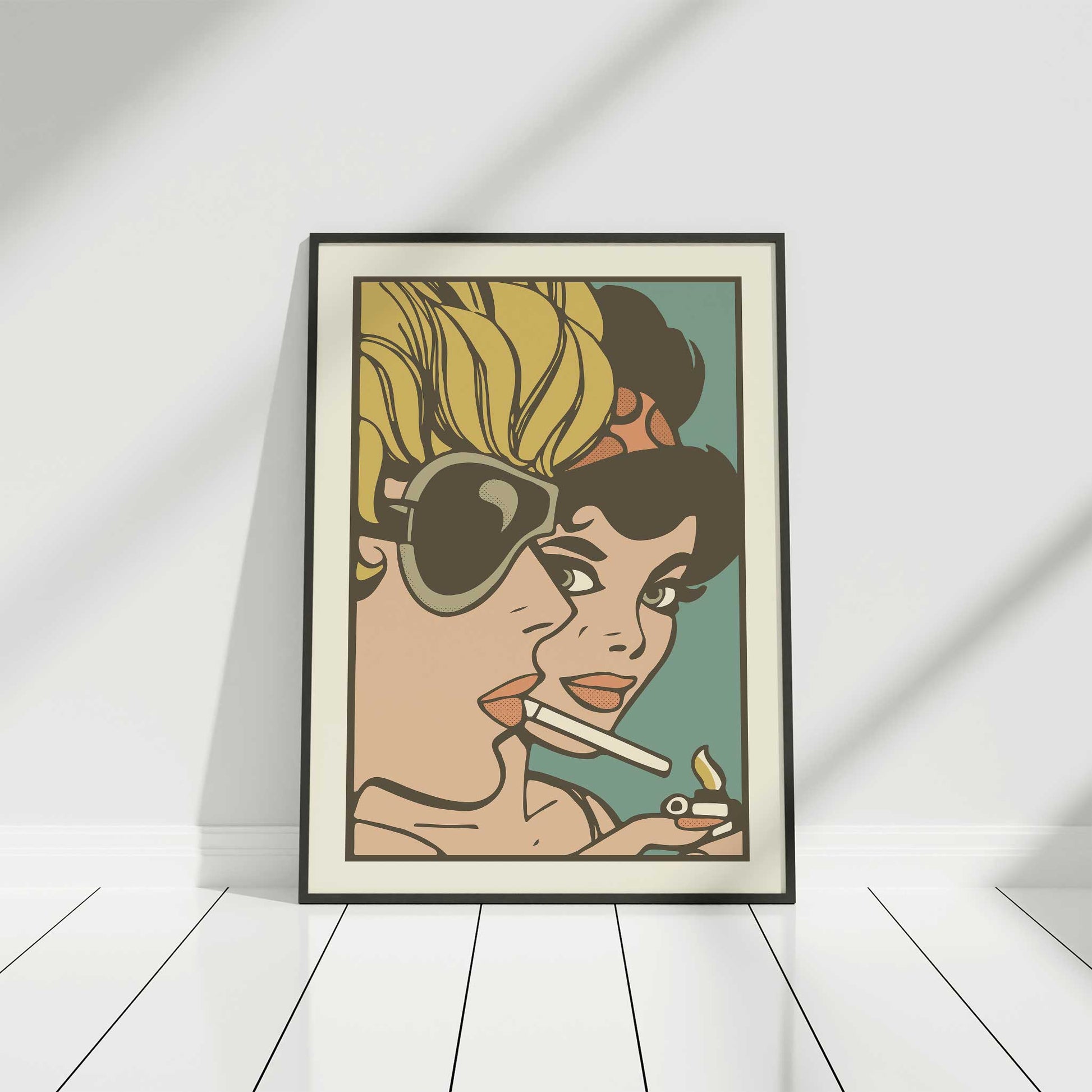 pop art print comic book girls green mockup black frame floor