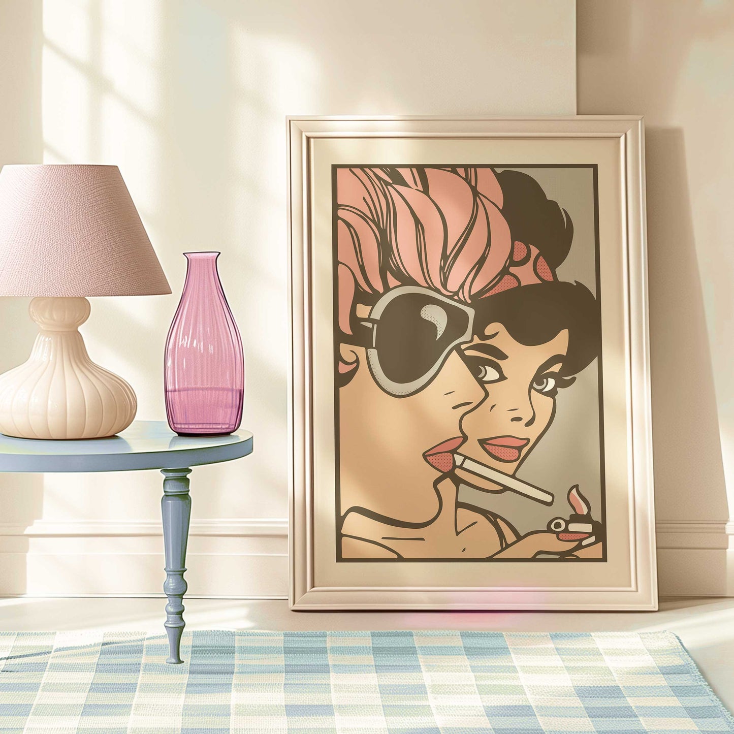 pop art comic book girls pink hue mockup white frame floor trendy apartment