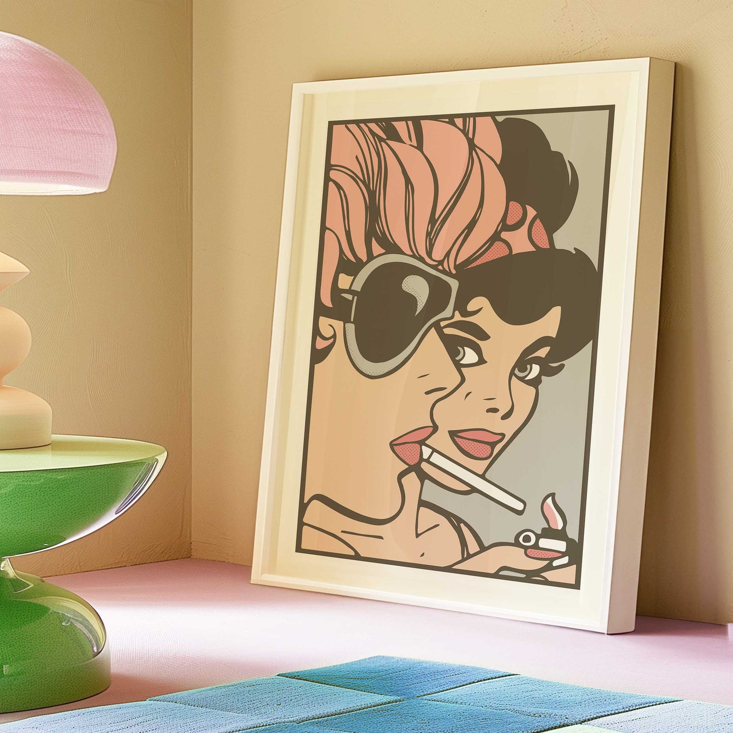 pop art comic book girls pink hue mockup white frame floor cool living room