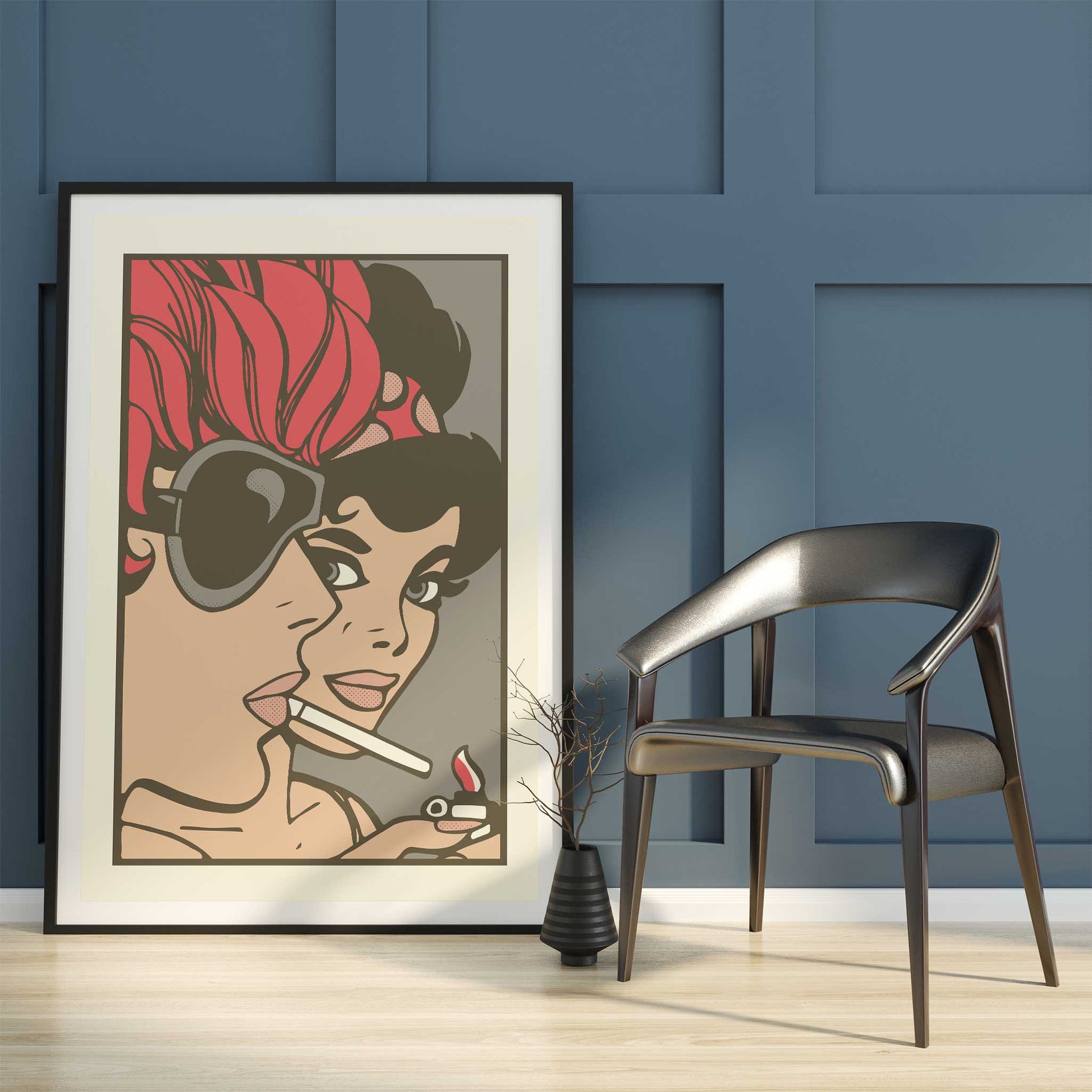 pop art print comic book girls red mockup dark frame floor blue panel wall