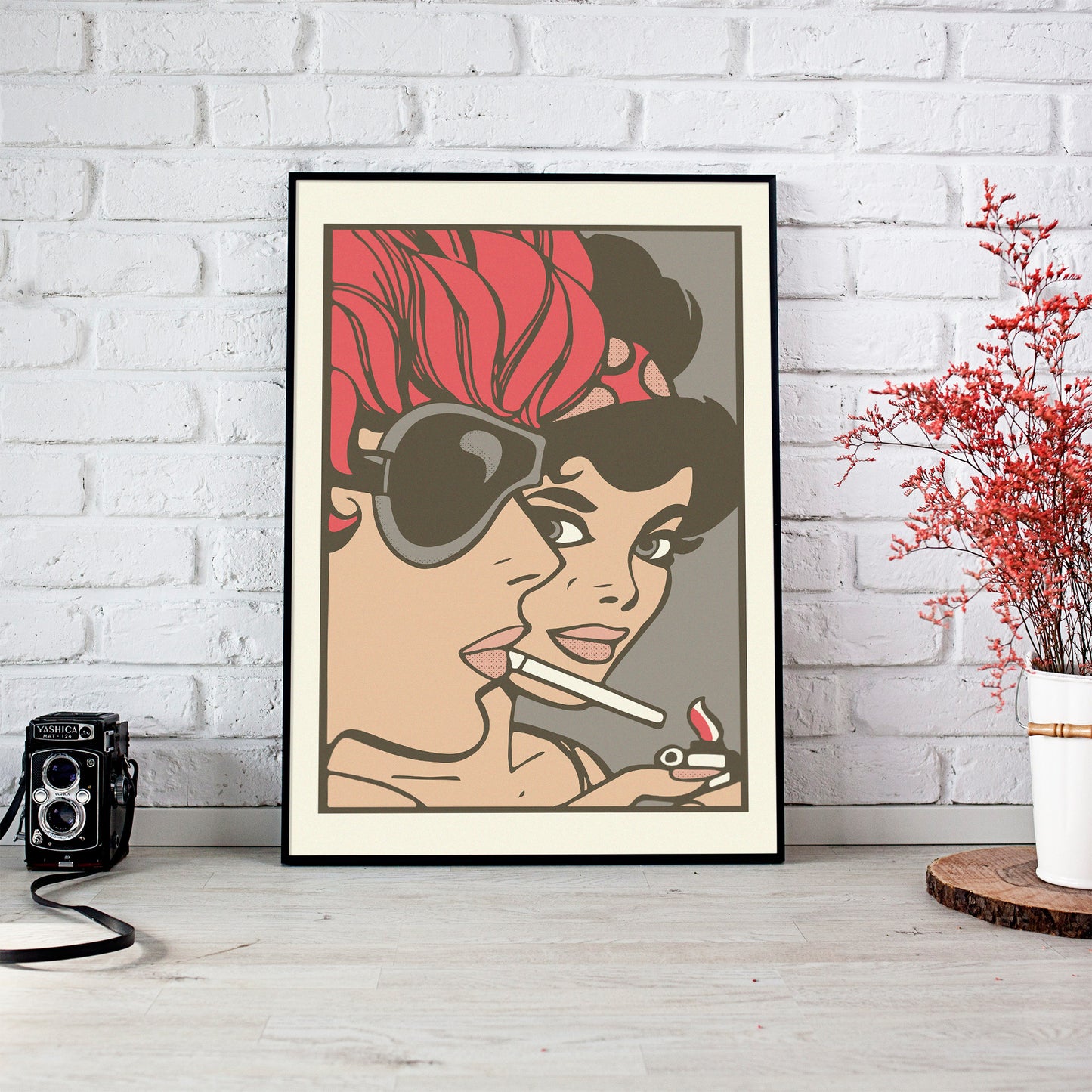 pop art print comic book girls red mockup black frame brick wall trendy warehouse