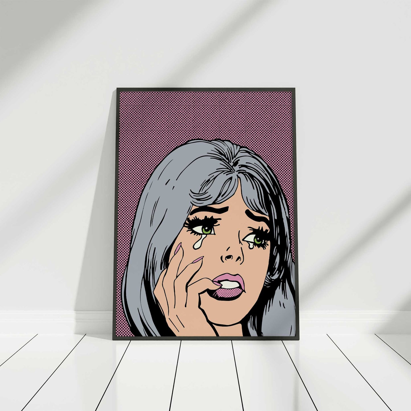 pop art girl silver hair pink background mockup black frame floor lounge white background