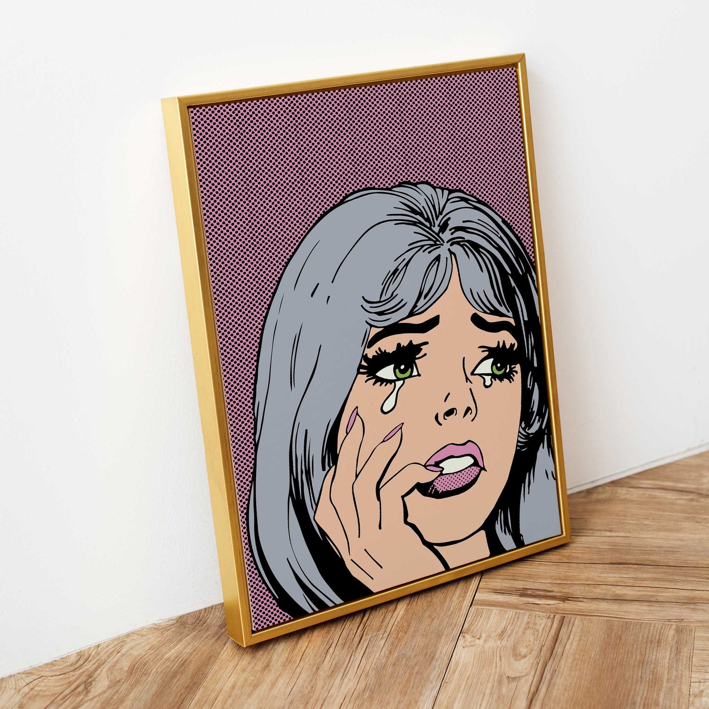 pop art girl silver hair pink background mockup gold frame wooden floor