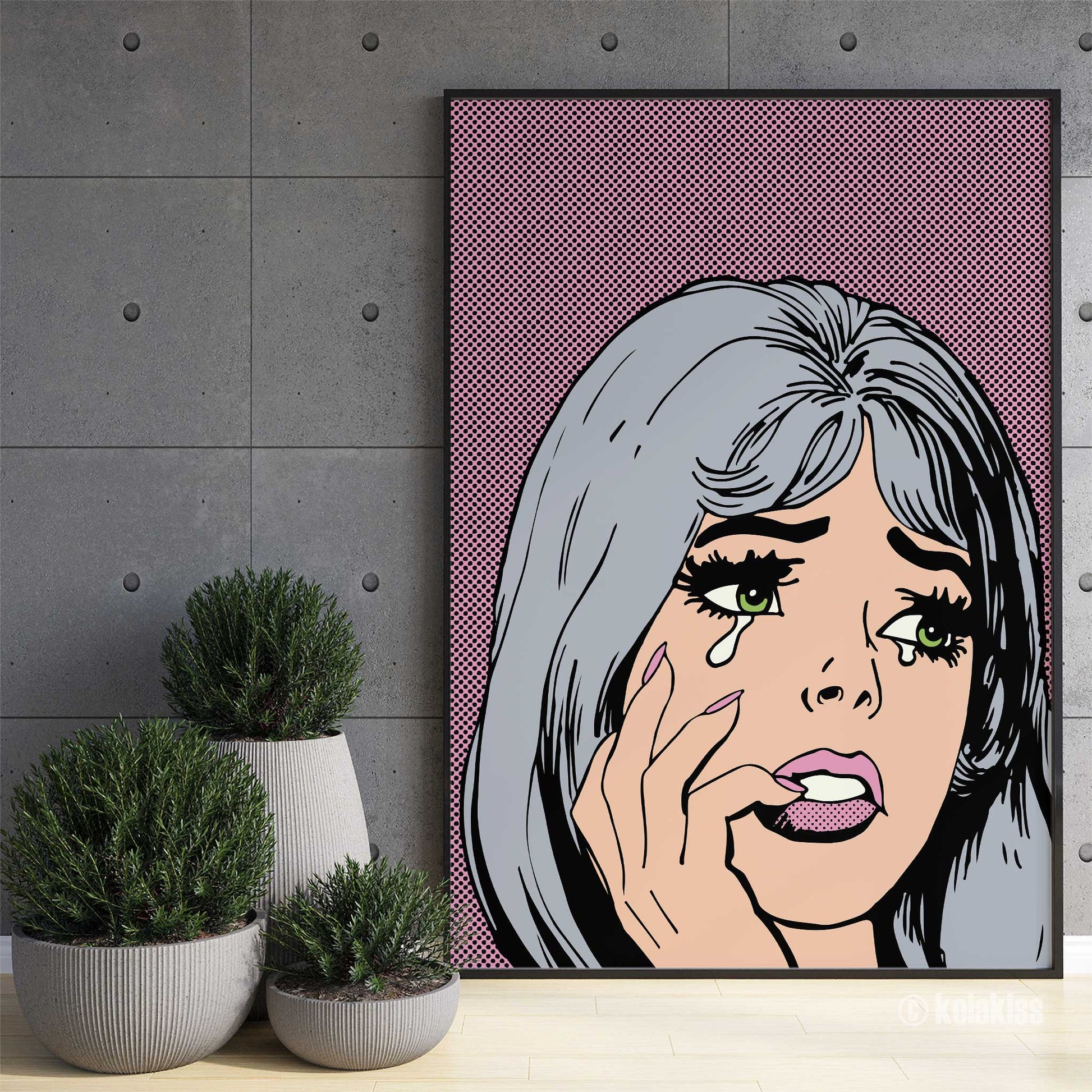 pop art girl silver hair pink background mockup black frame trendy living room