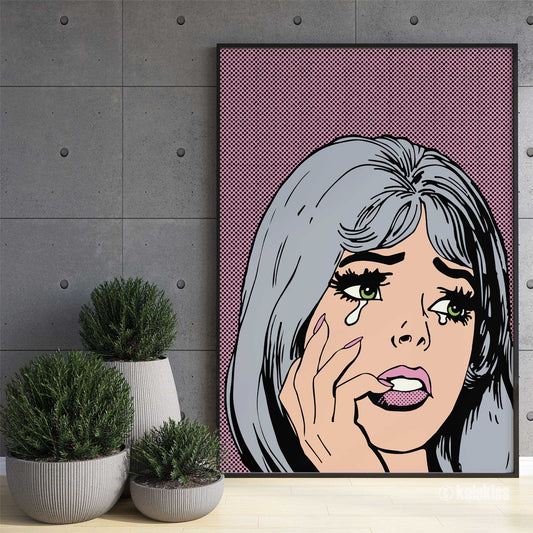 pop art girl silver hair pink background mockup black frame trendy living room