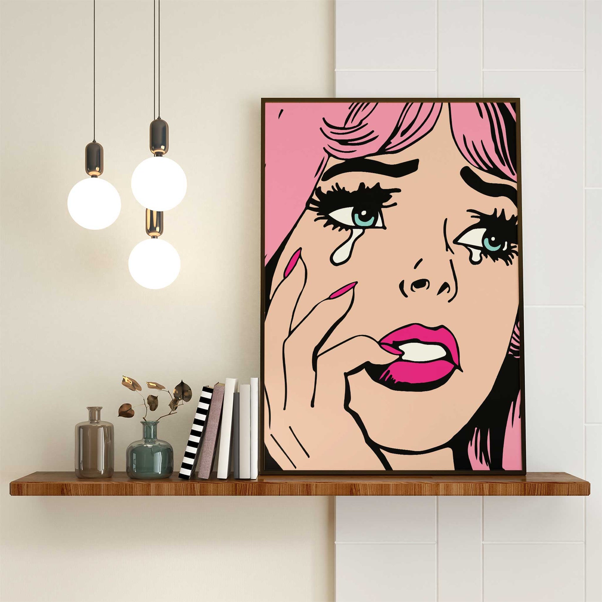 pop art print crying girl pink mockup framed shelf